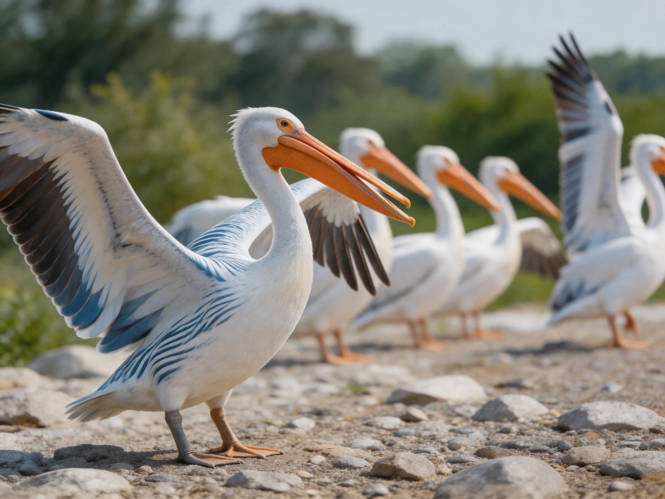 Six white pelicans with orange beaks on a rocky shore