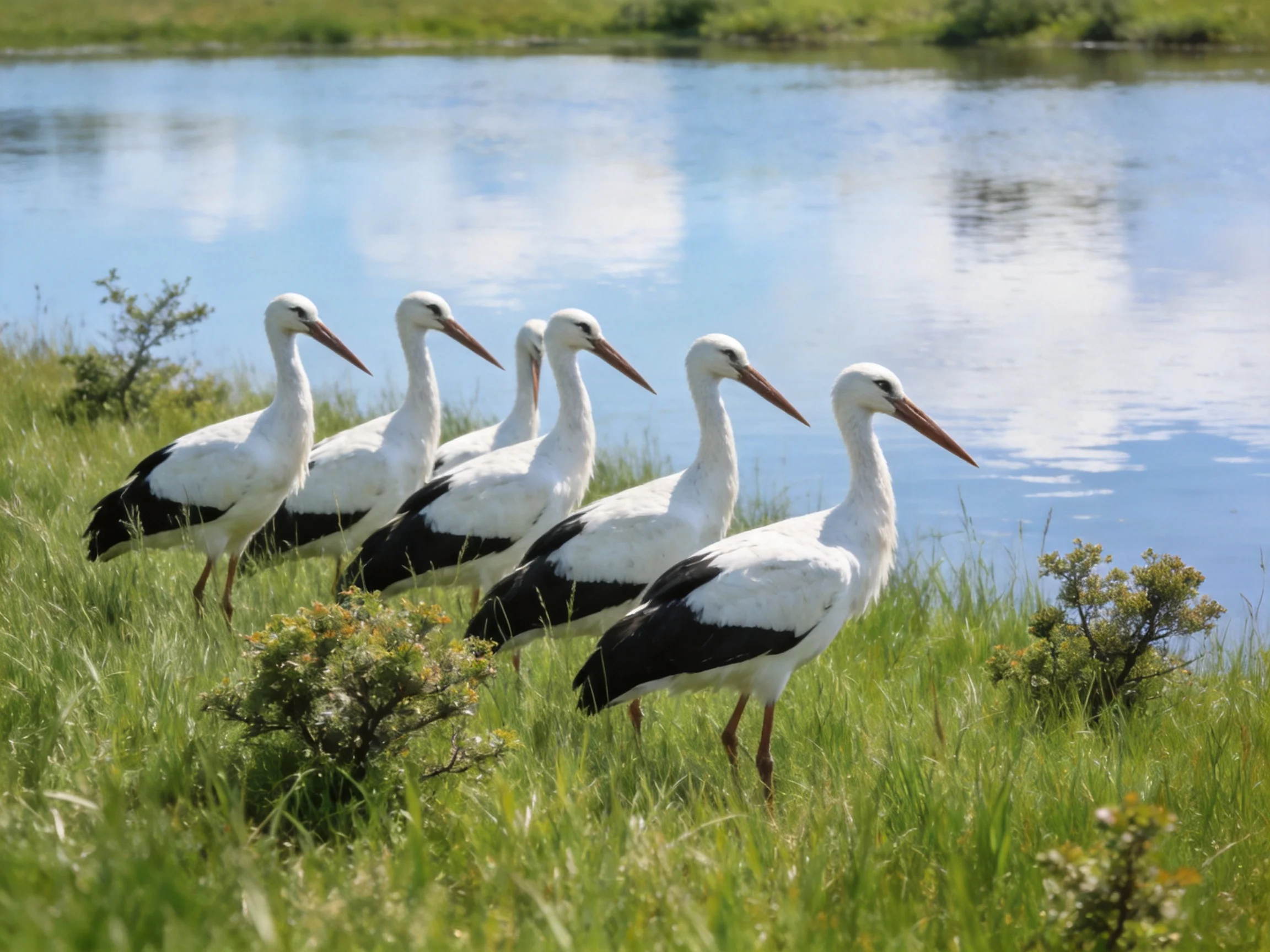 Six white storks gather by a calm lake in a grassy environment.