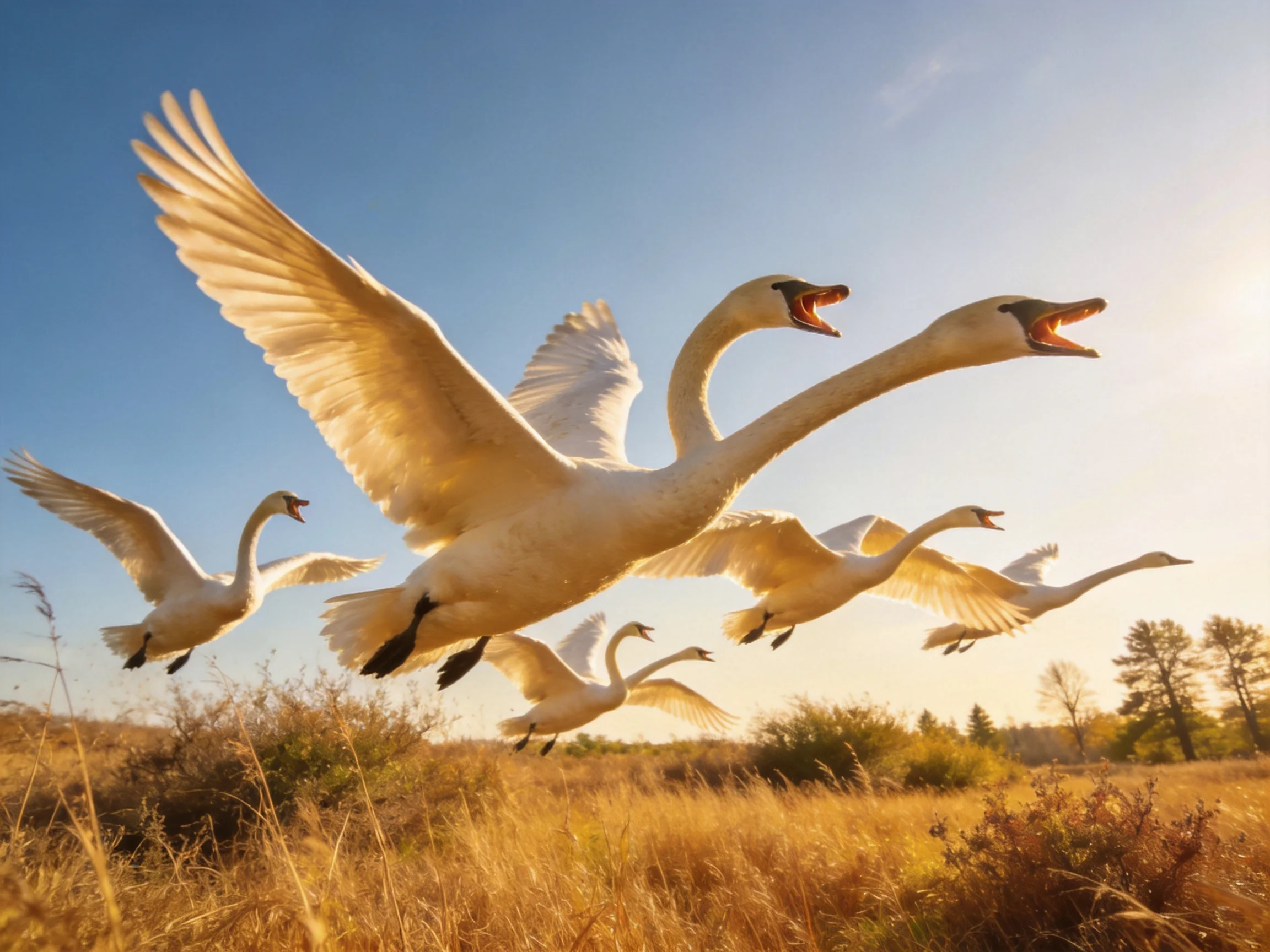 Six white swans flying over golden grassland under blue sky