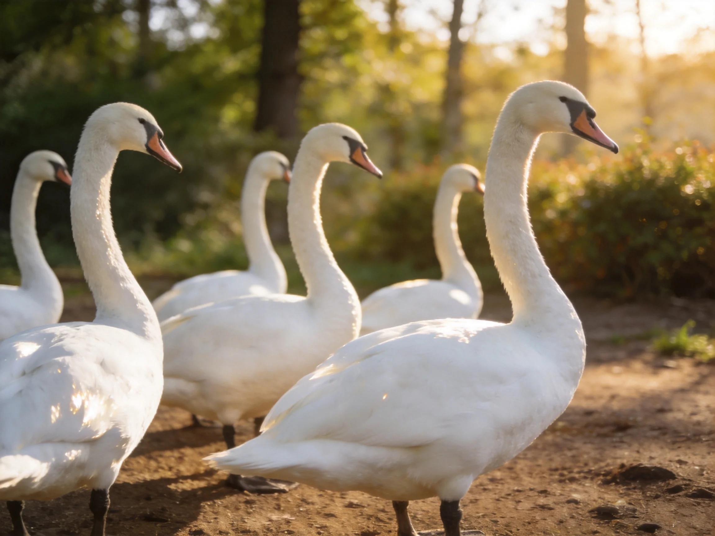 Six white swans gather near a sunlit wooded area