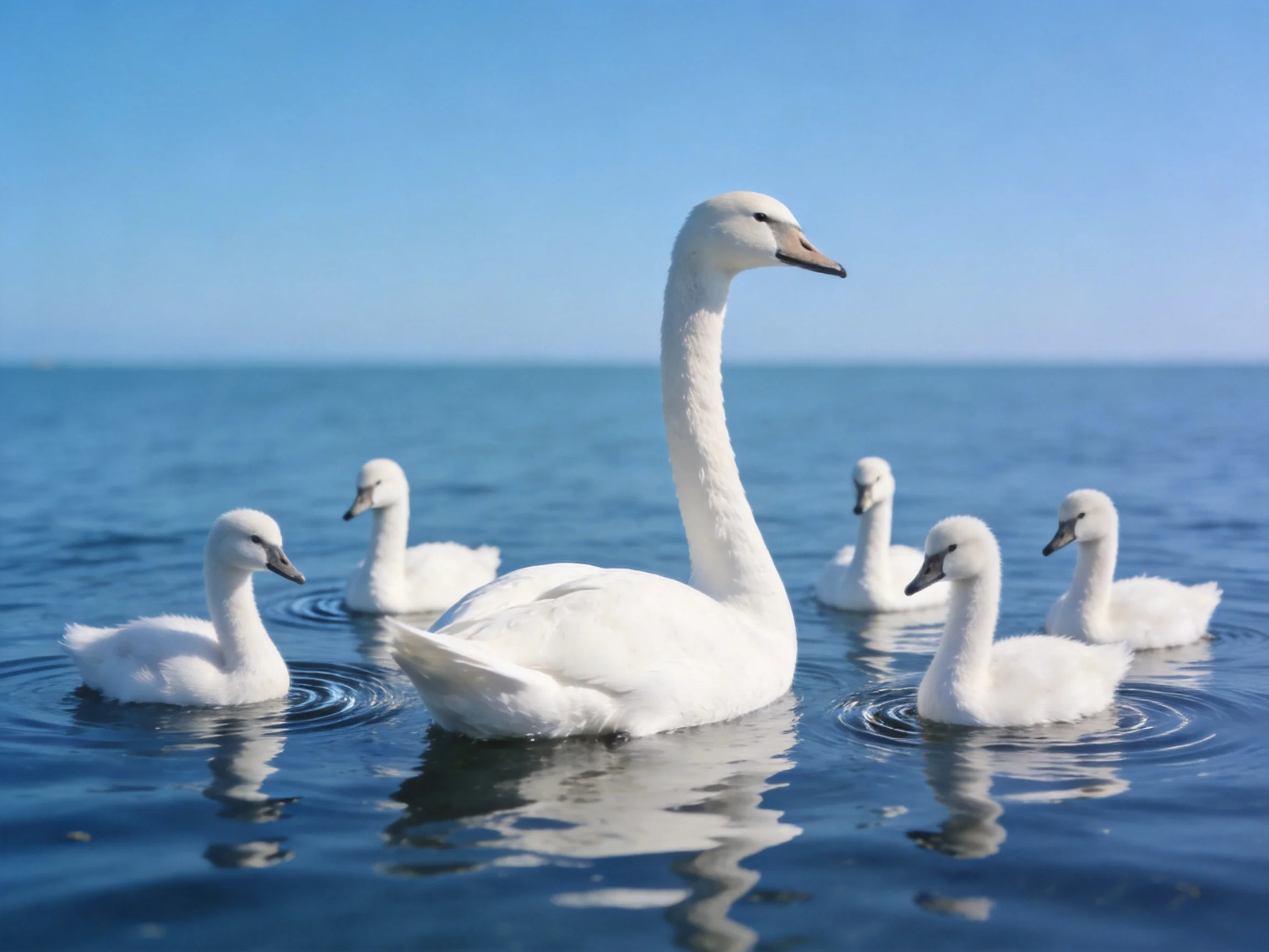 Six white swans swim in calm blue waters under clear sky