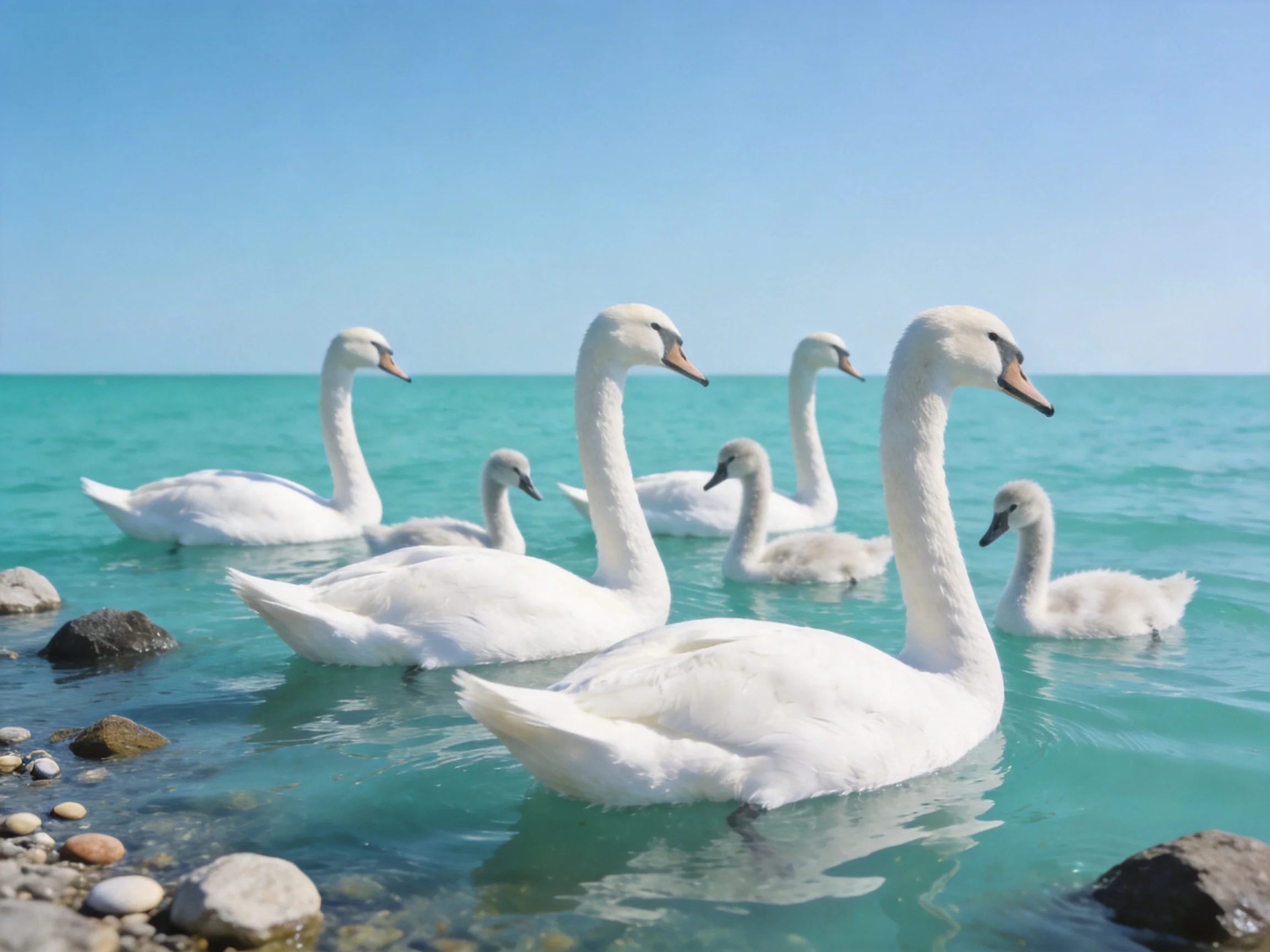 Six white swans swim in turquoise water near rocky shores