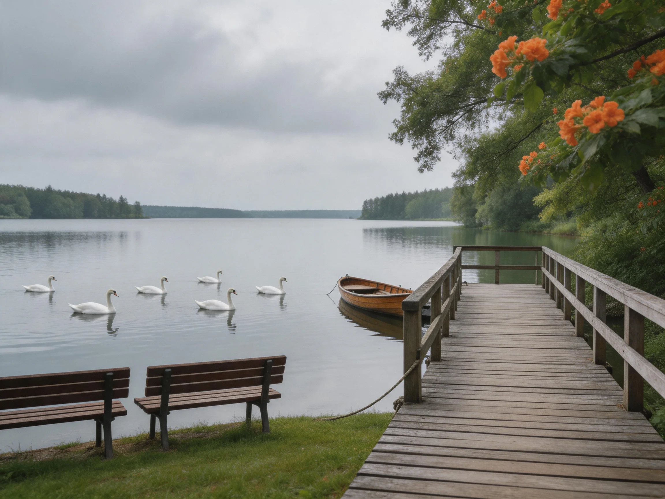 Six white swans swim near a wooden dock with orange blooms