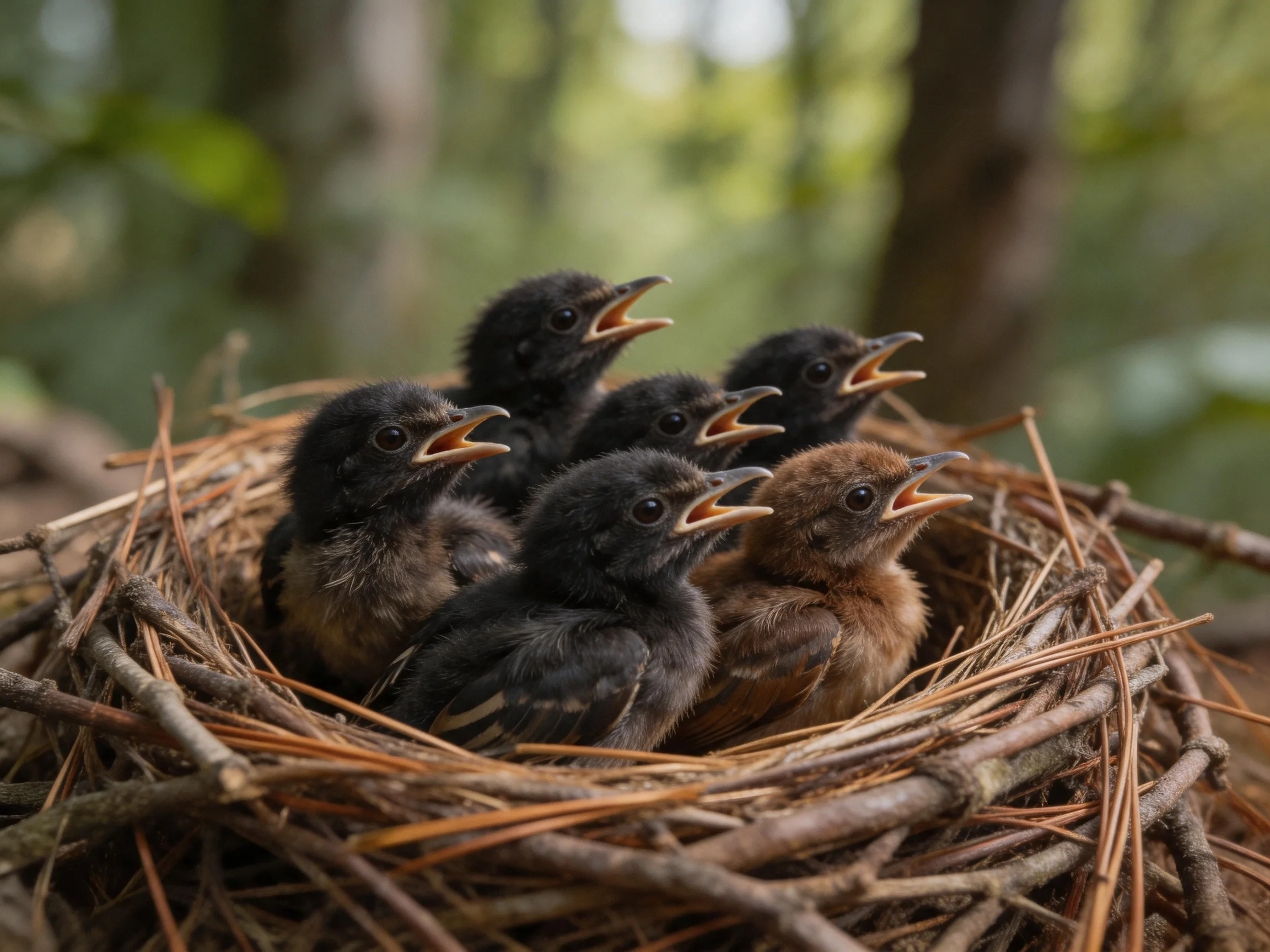 Six young birds of different colors in a pine needle nest