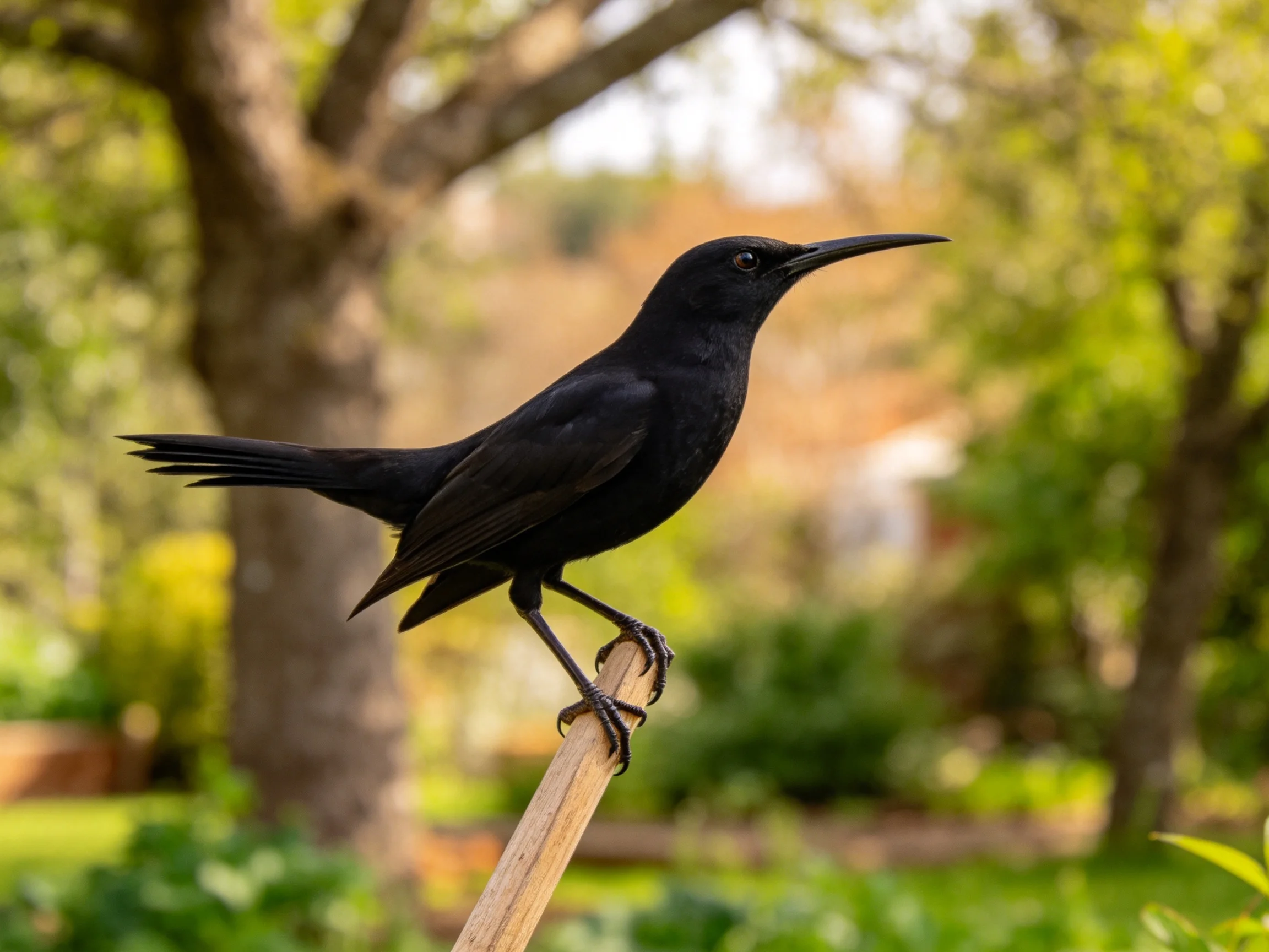 Sleek black bird perched on wooden stick in sunlit garden