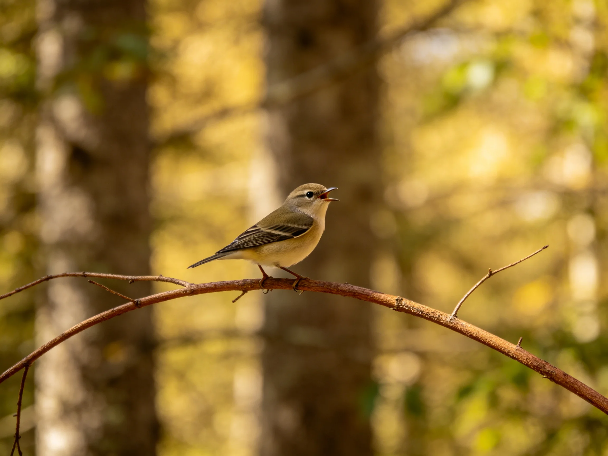 Small bird perched on curved brown branch in sunlit forest