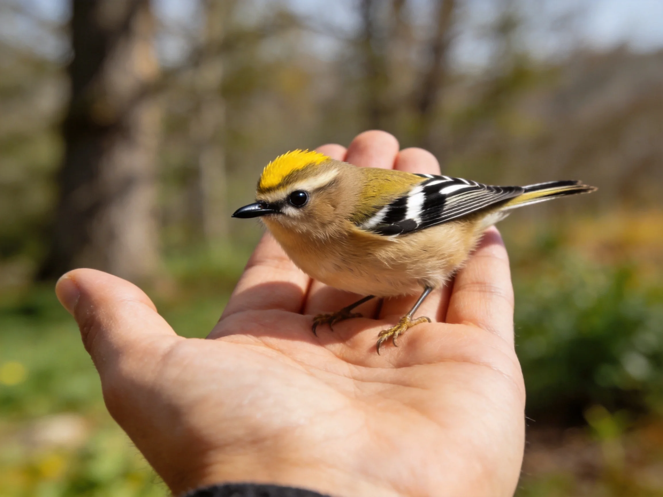 Small bird with yellow crown perched on human hand in natural setting