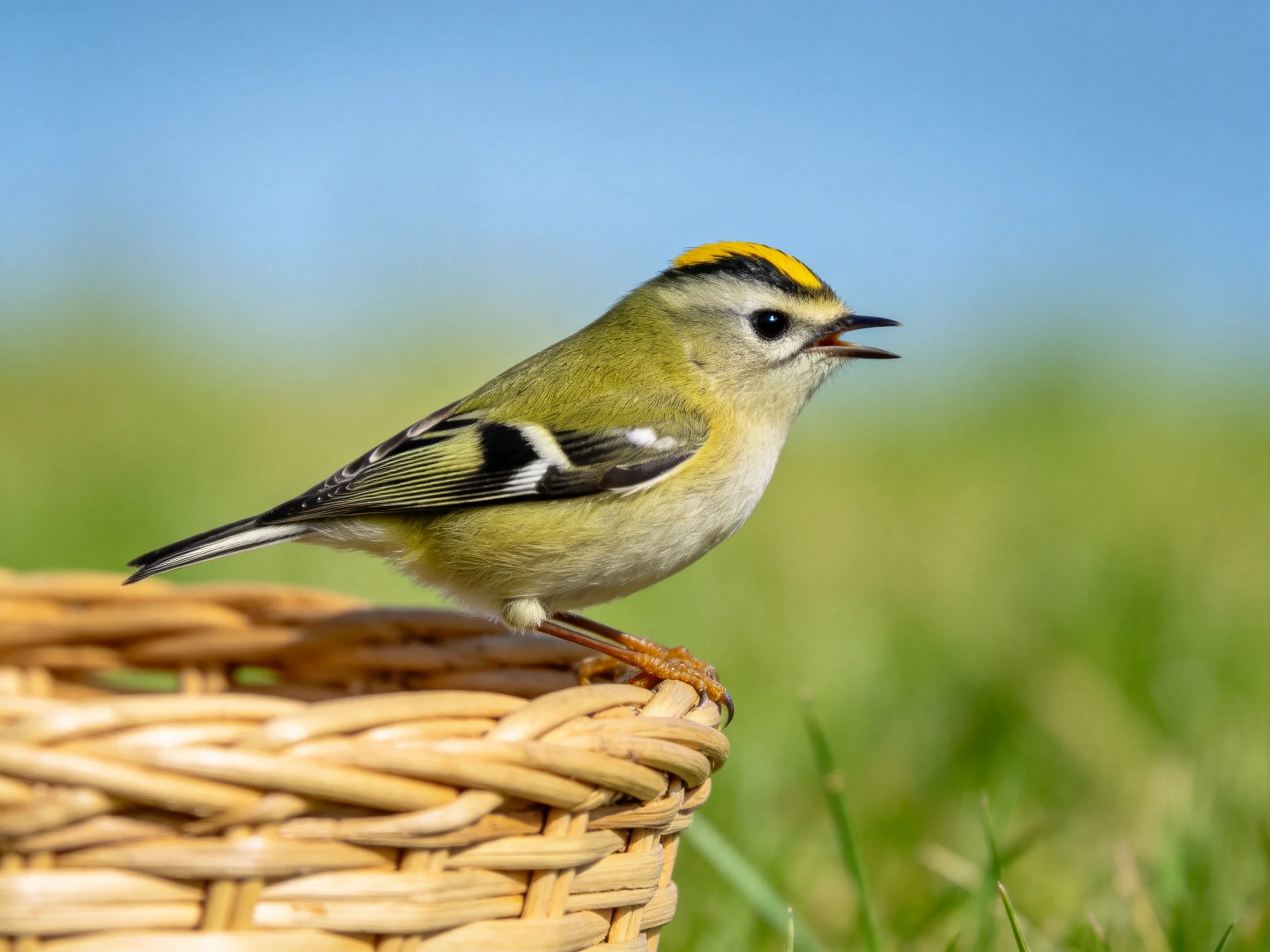 Small bird with yellow crown perched on wicker basket