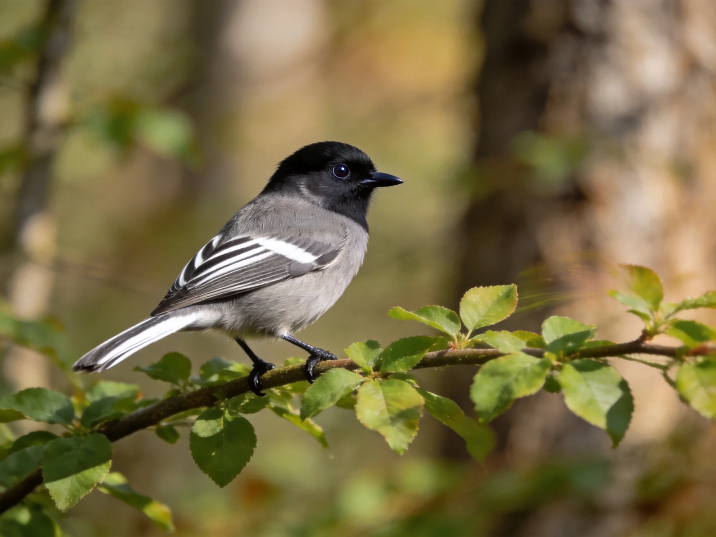 Small black-headed bird with striped wings perches on a leafy branch