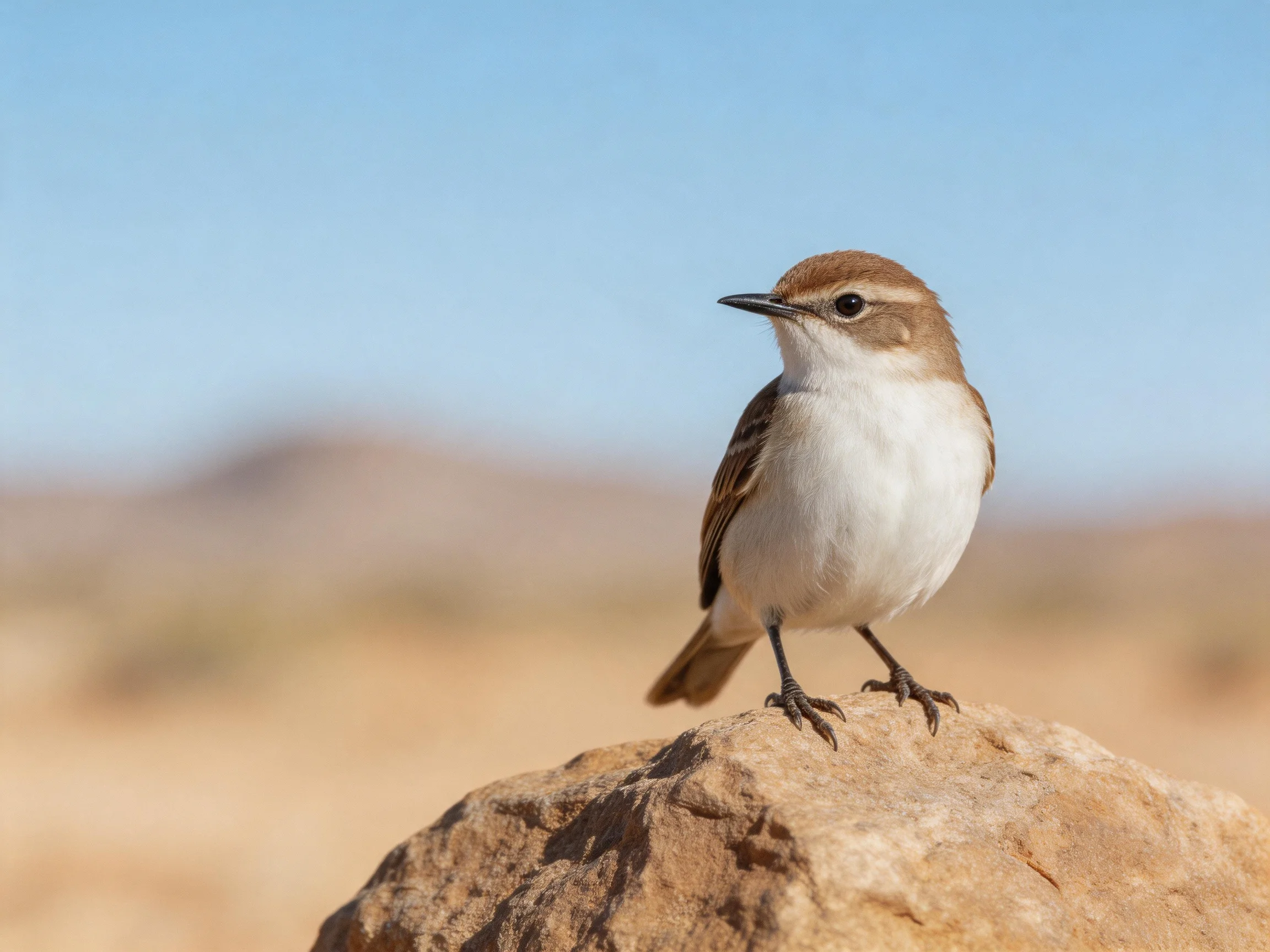 Small brown-and-white bird on a large rock in arid land