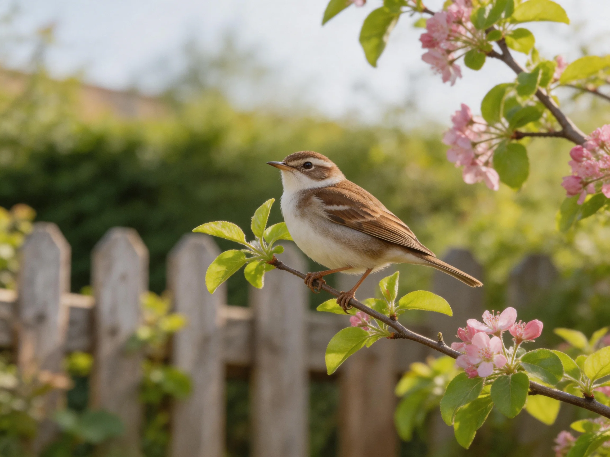 Small brown and white bird perched on flowering branch near wooden fence