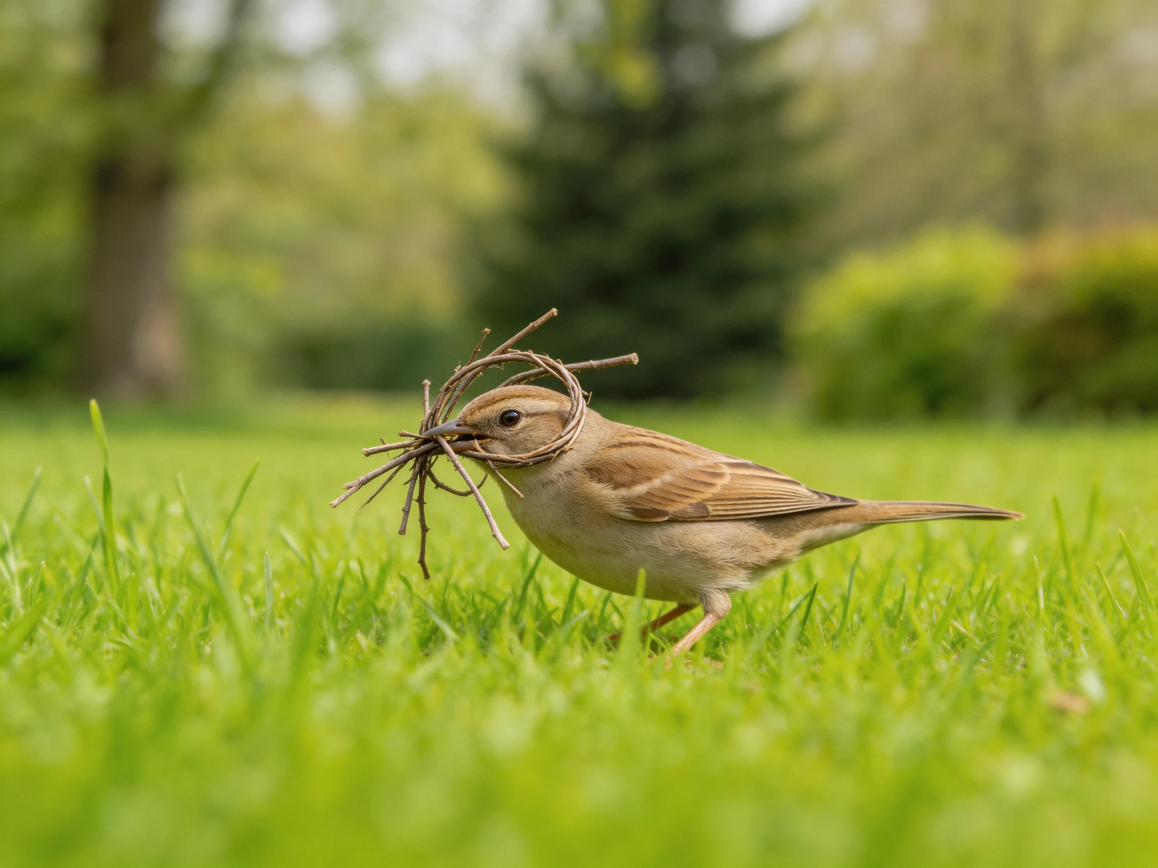 A small brown bird collects twigs for nesting on a bright green lawn.
