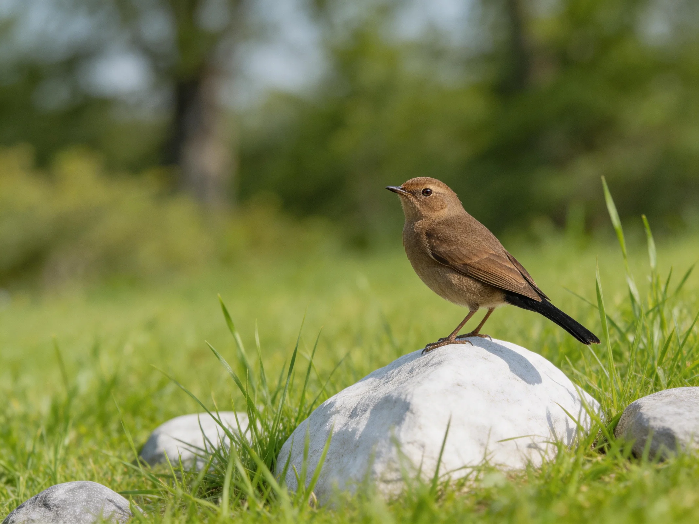 Small brown bird perched on white rock in green grass