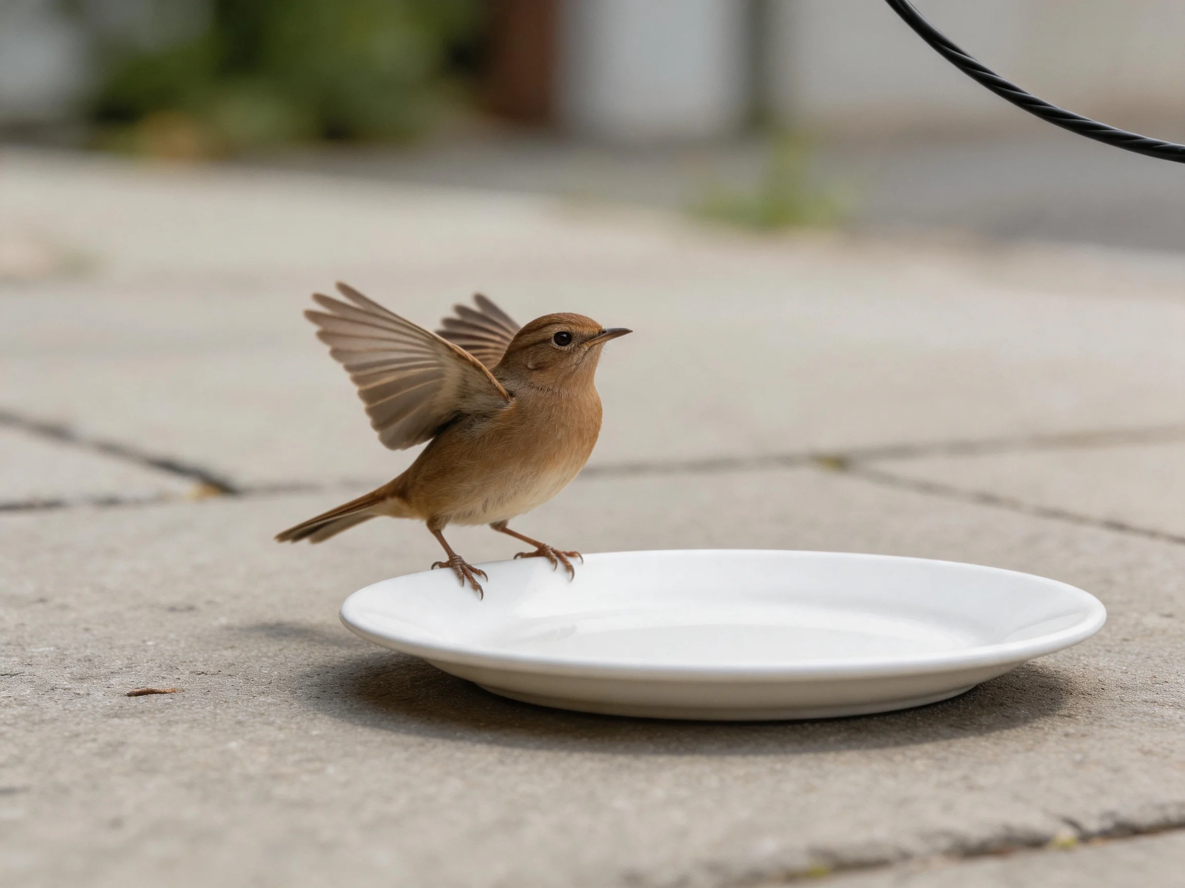 Small brown bird spreading wings on white dish outdoors