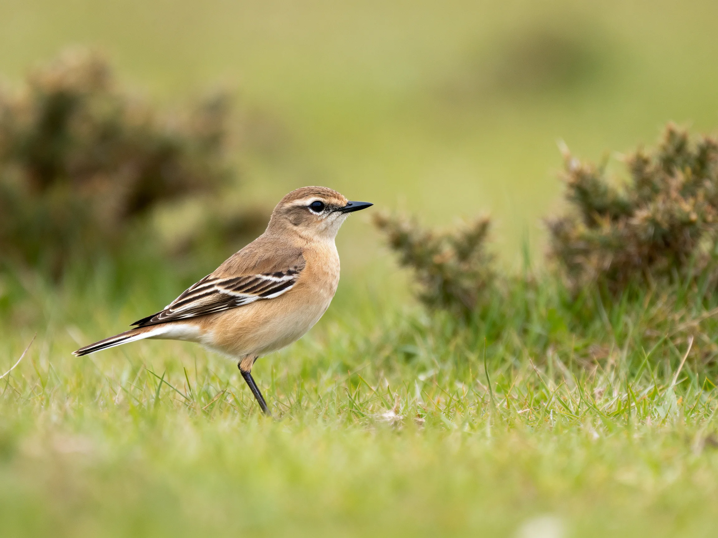 Small brown bird with black-and-white wing stripes on grass