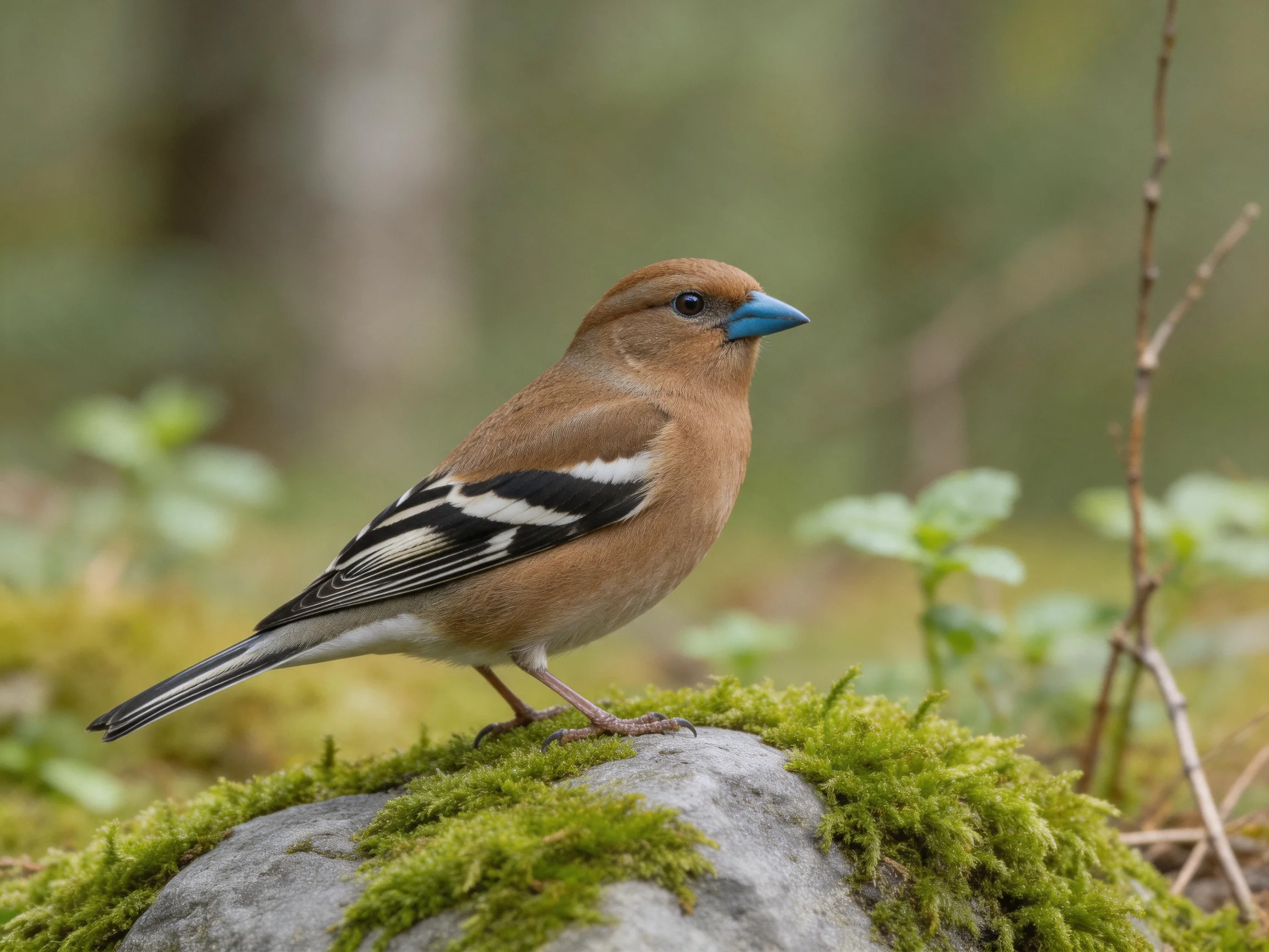 Brown bird with blue beak sits on moss-covered rock in natural setting
