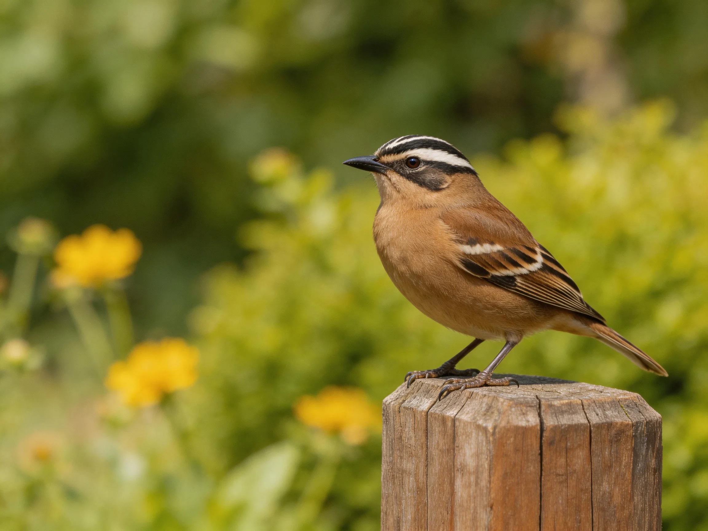 Small brown bird with striped head perched on wooden post