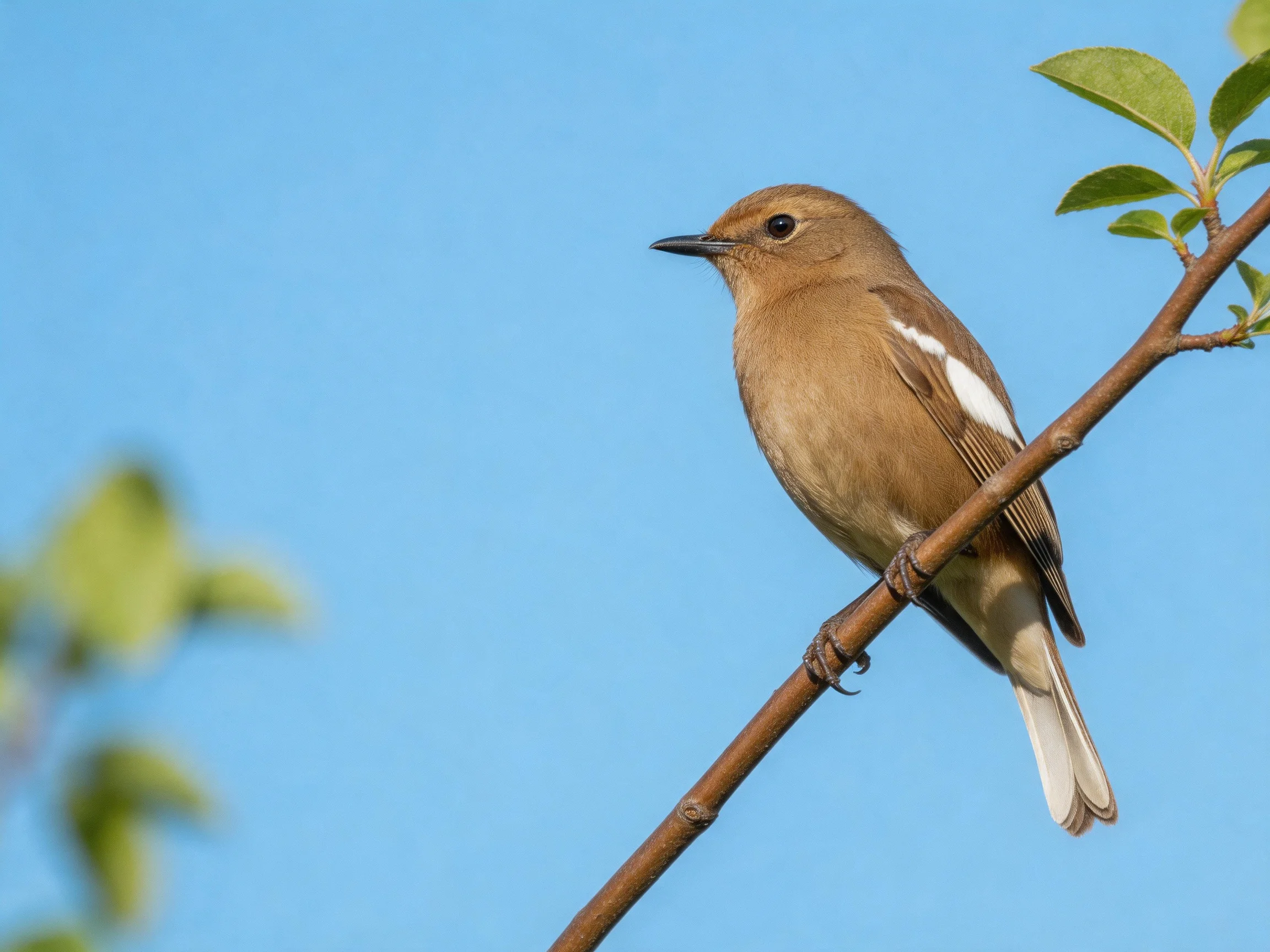 Small brown bird with white wing markings perched on a slender branch