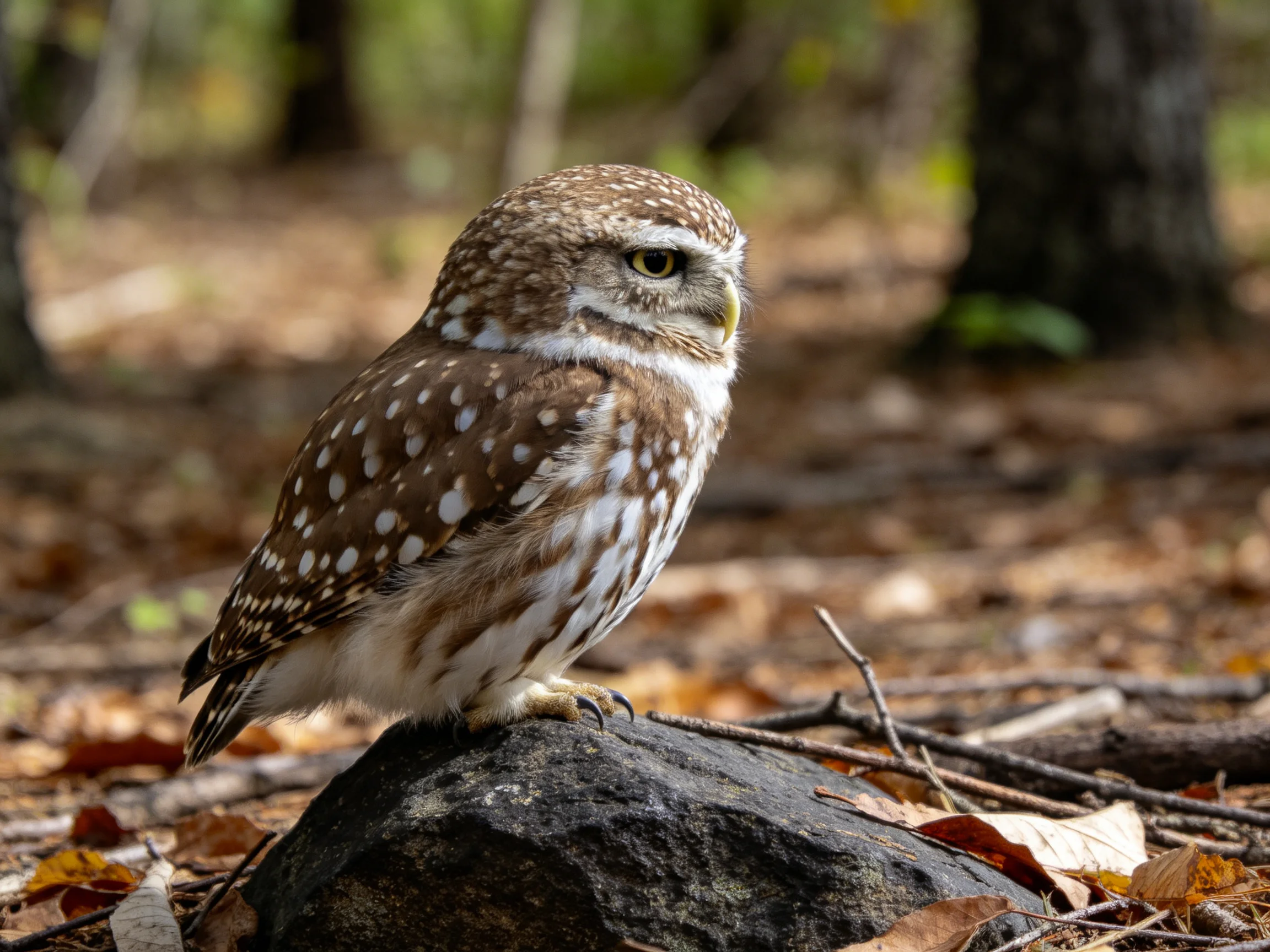 Small brown-spotted owl perched on a rock in leafy forest