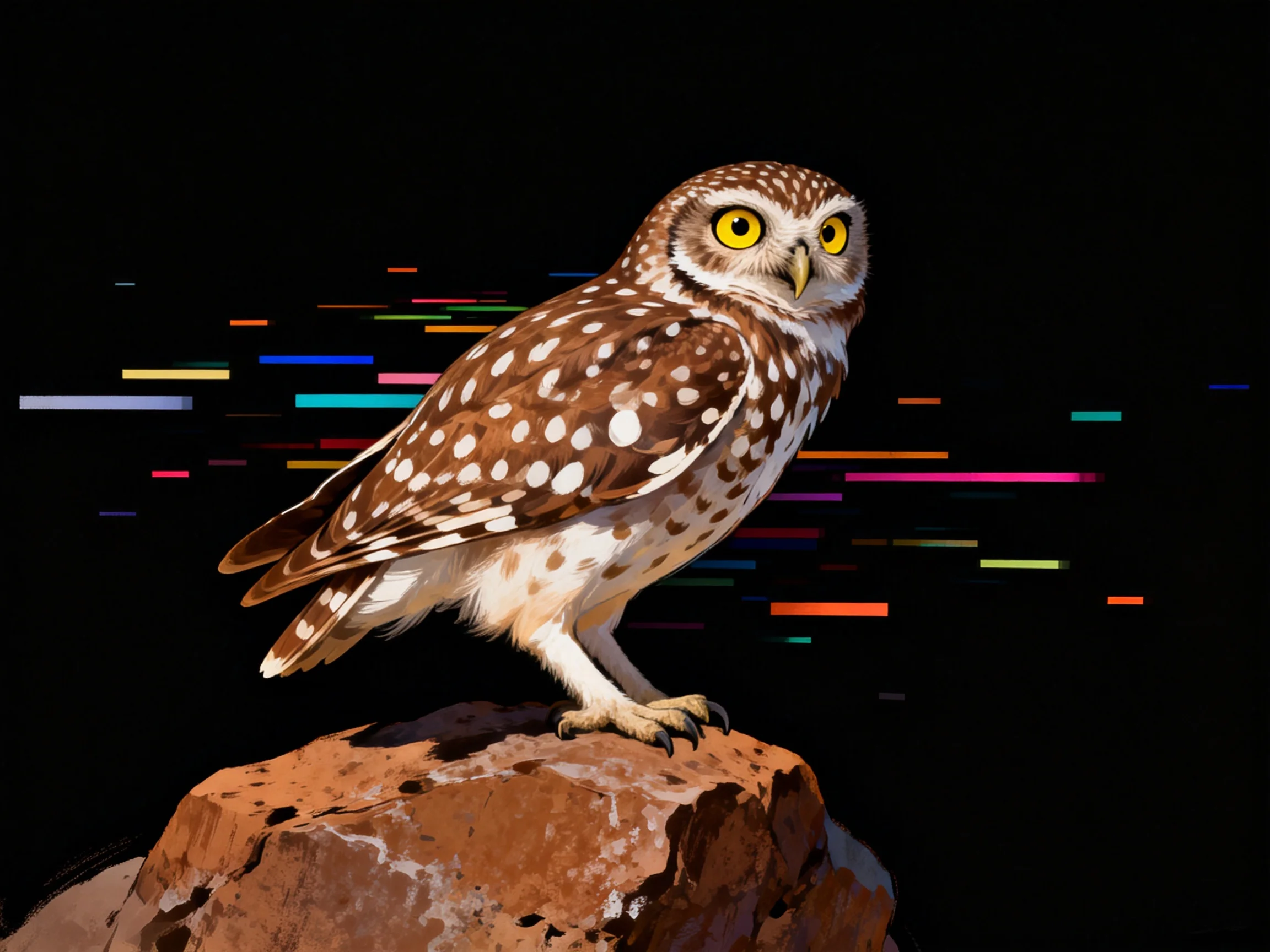 Small brown-spotted owl perched on brown rock with colorful streaks in dark space