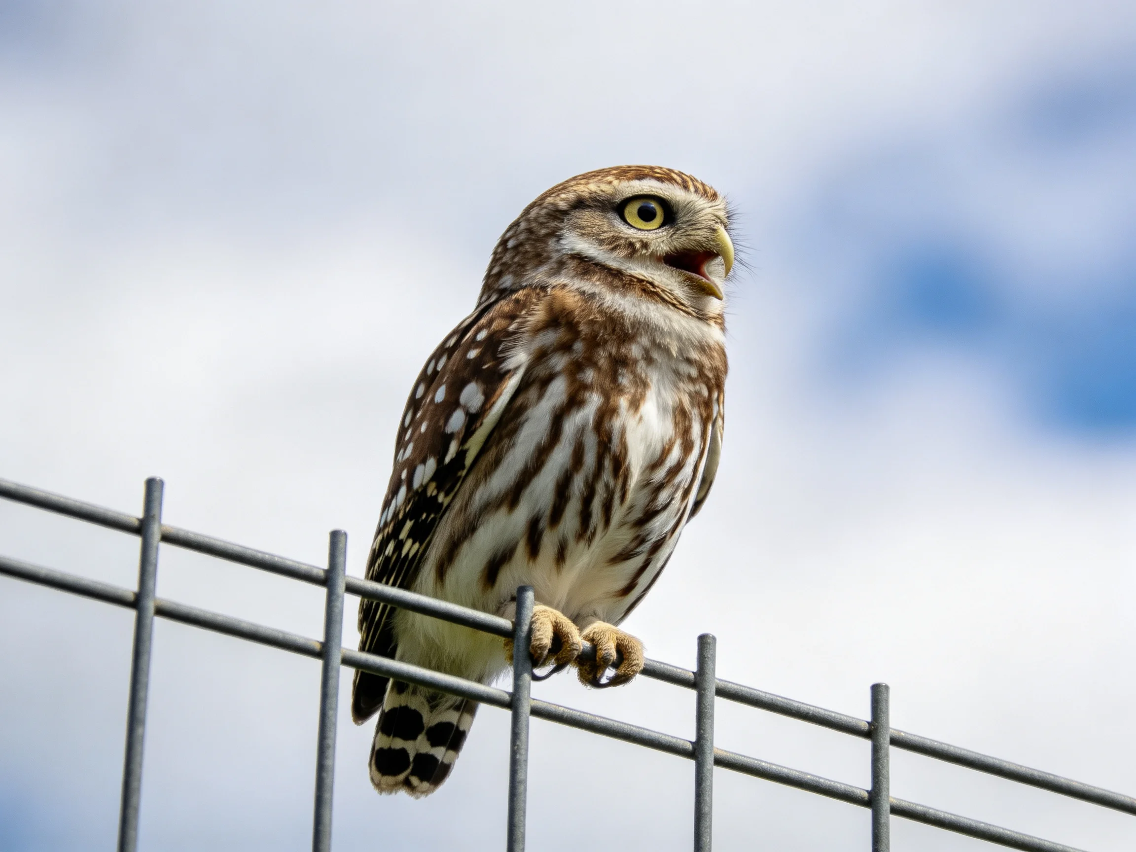 Small brown-spotted owl perched on metal fence