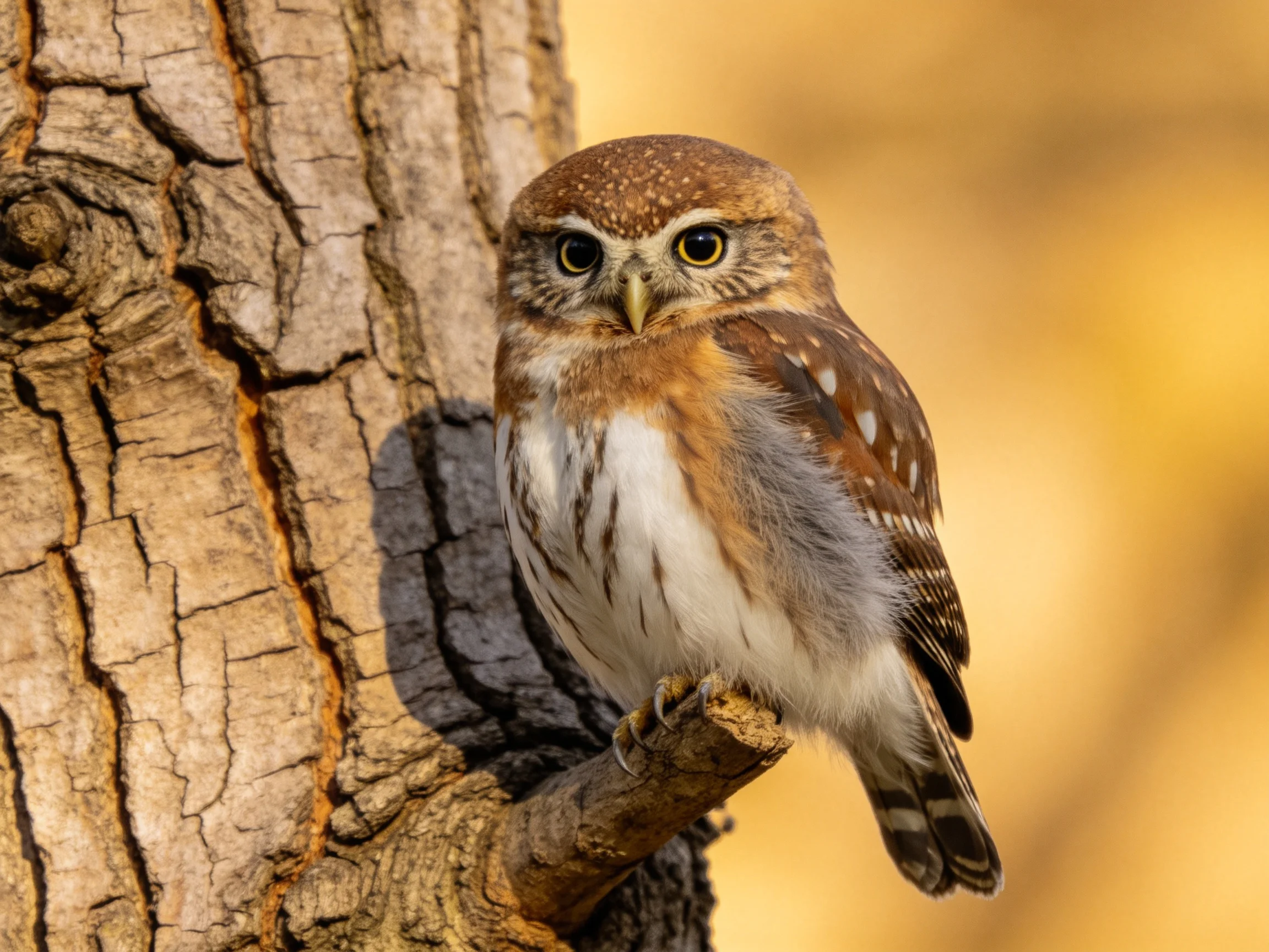 Small brown-spotted owl perched on rough tree bark