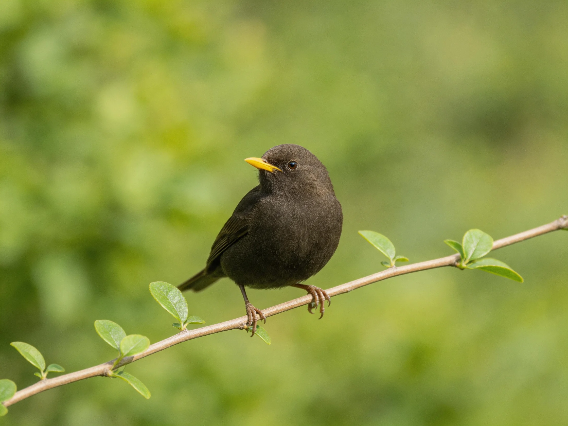 Small dark bird with yellow beak perched on leafy branch