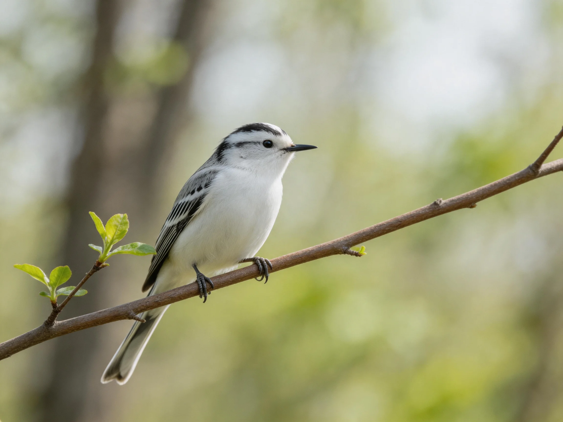 Small gray and white bird perched on thin brown branch