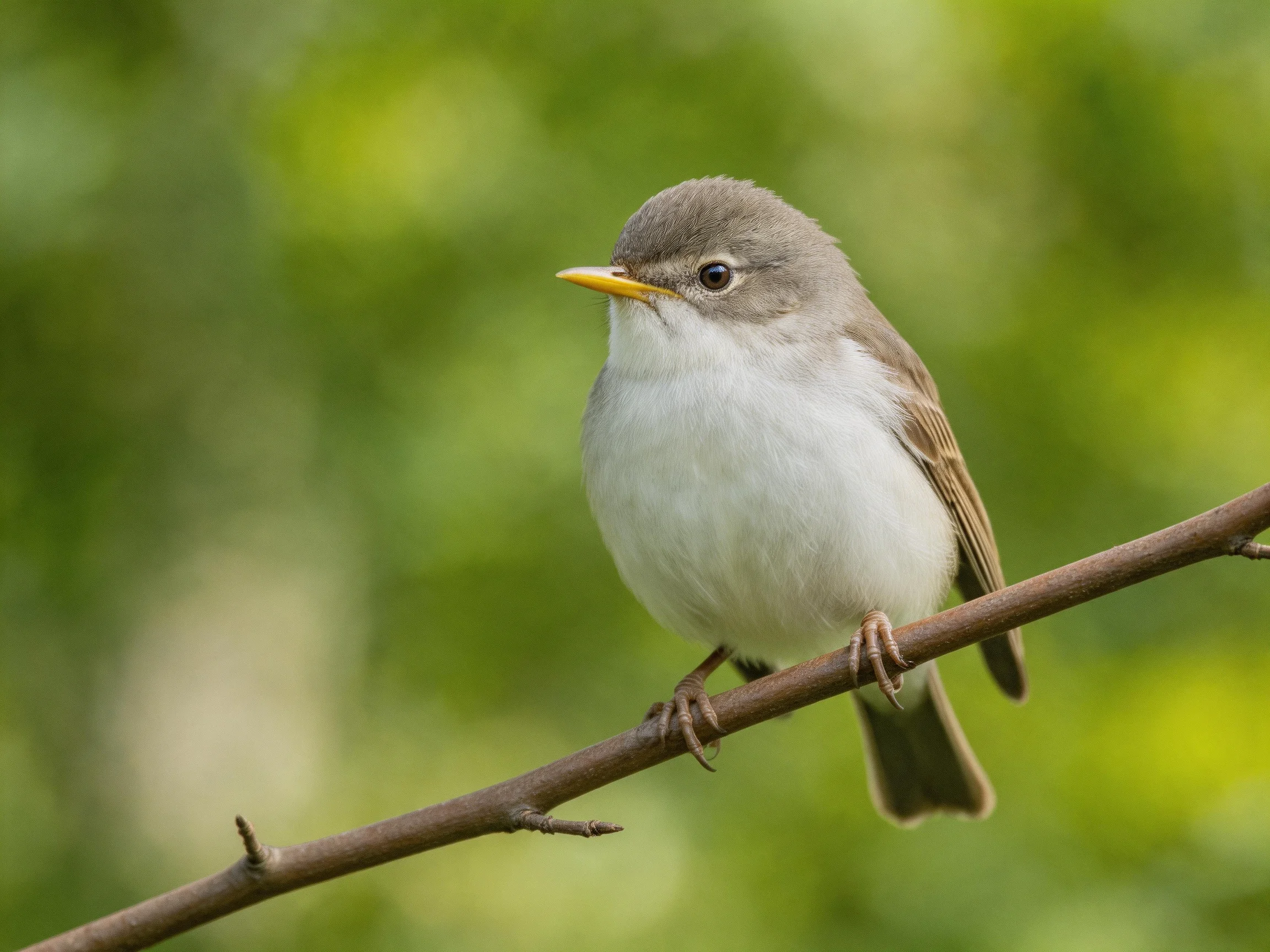 Small gray and white bird with yellow beak on thin branch