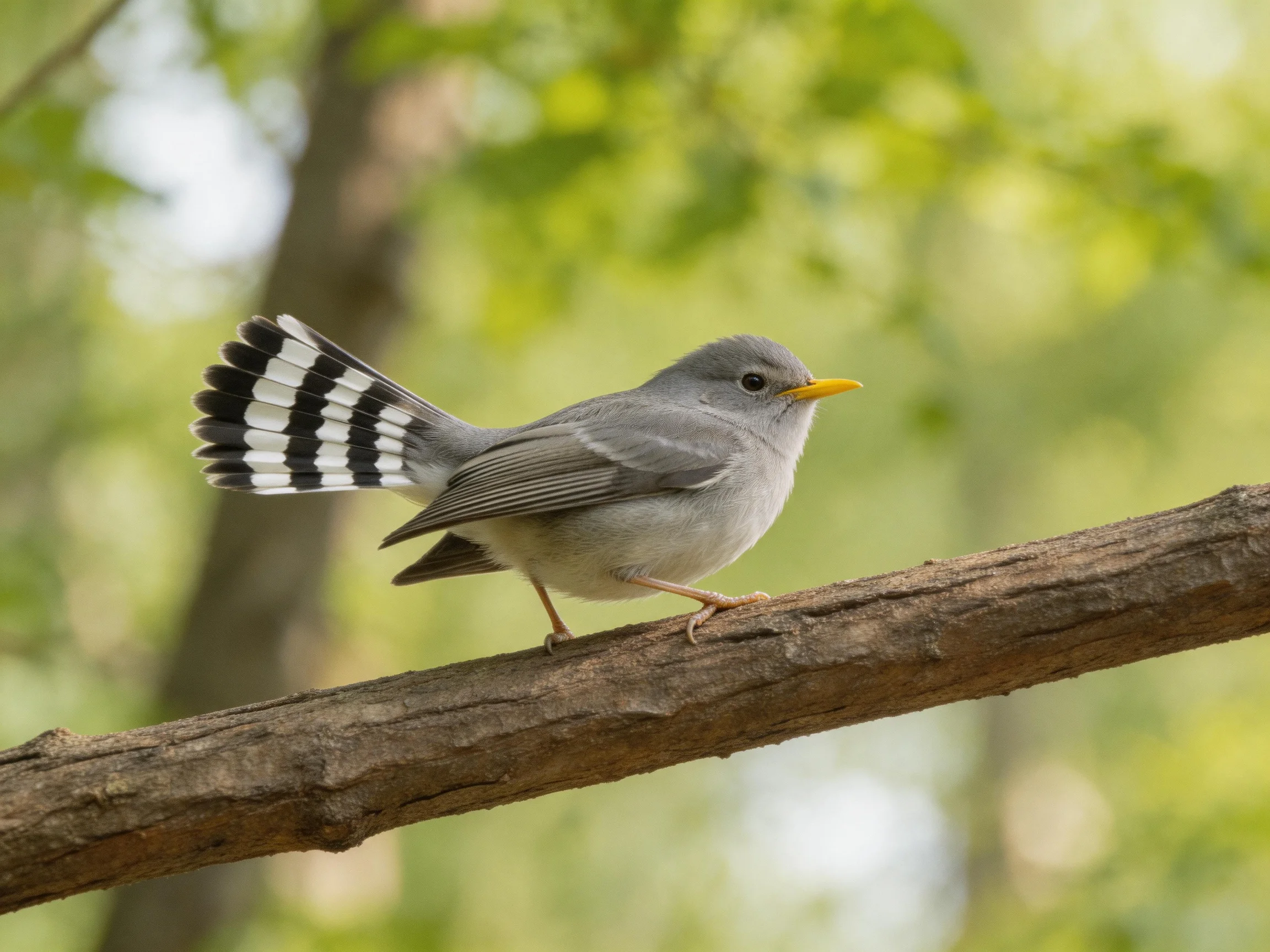 Small gray bird with black-and-white tail perches on brown tree branch