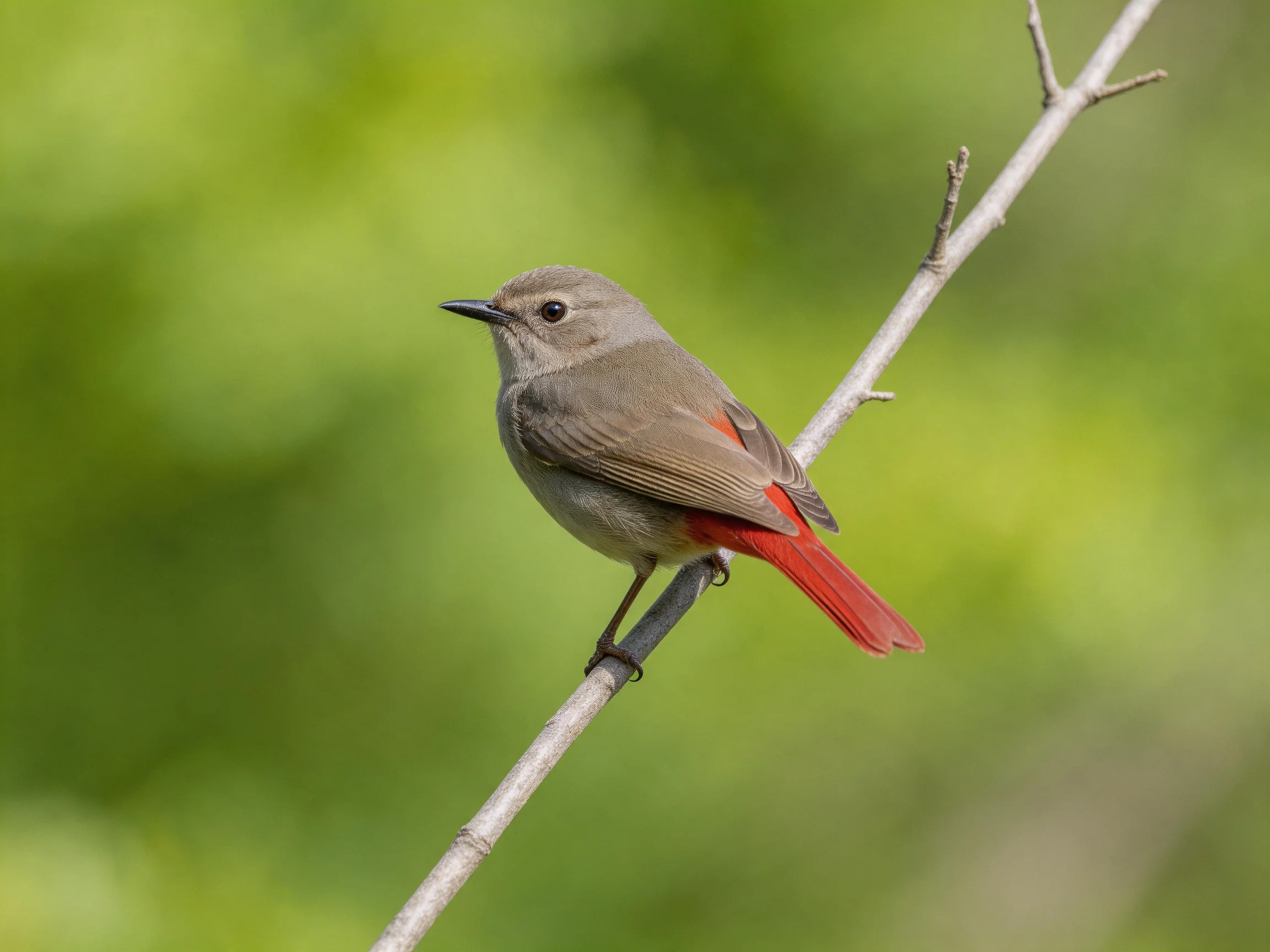 Small gray bird with bright red tail perched on thin branch