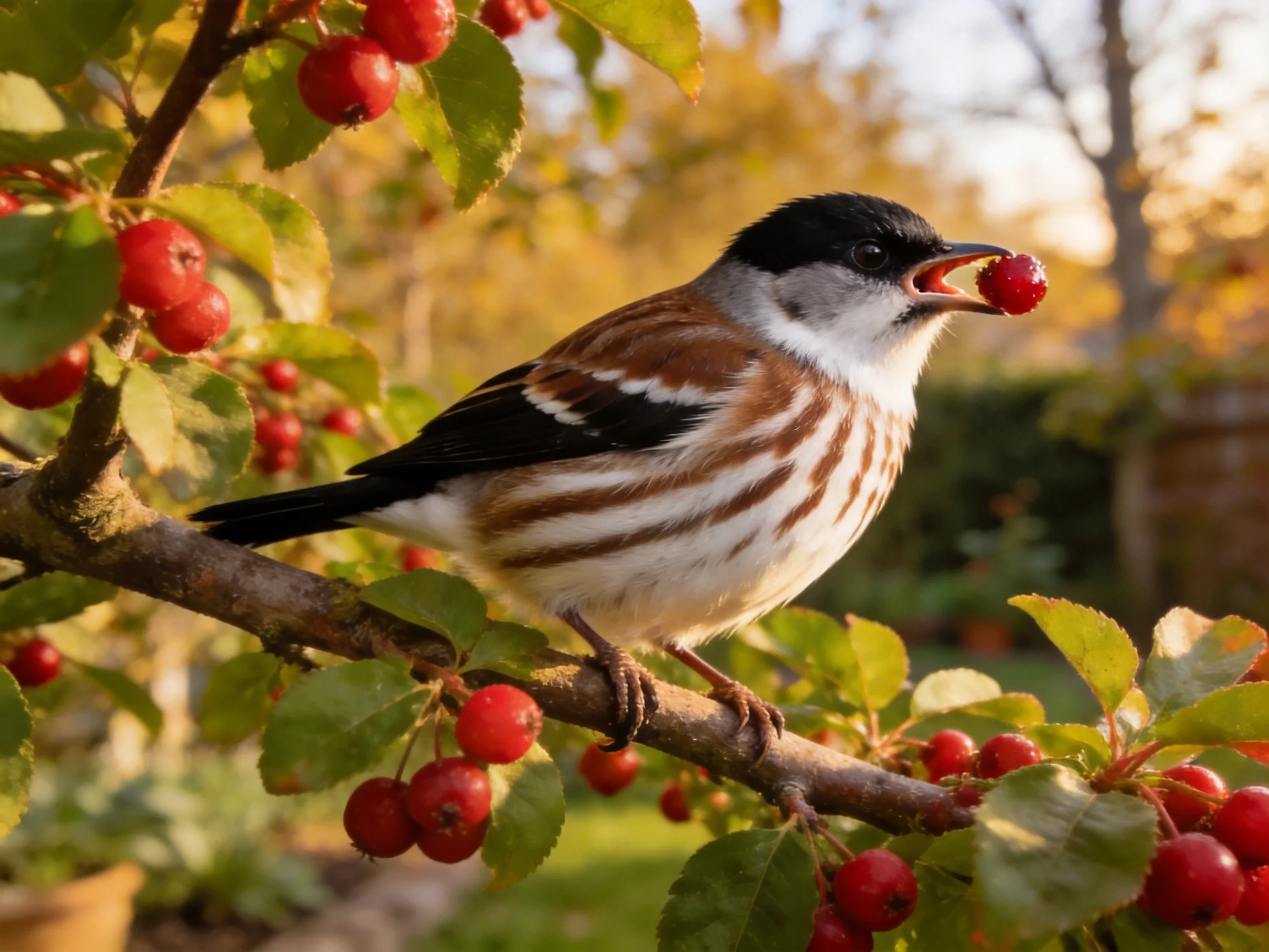 Small multicolored bird feeding on red berries from curved branch