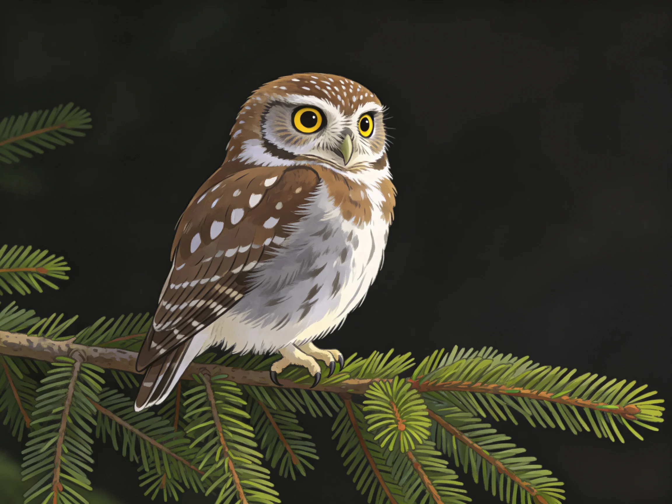 Small spotted owl perched on evergreen branch at night