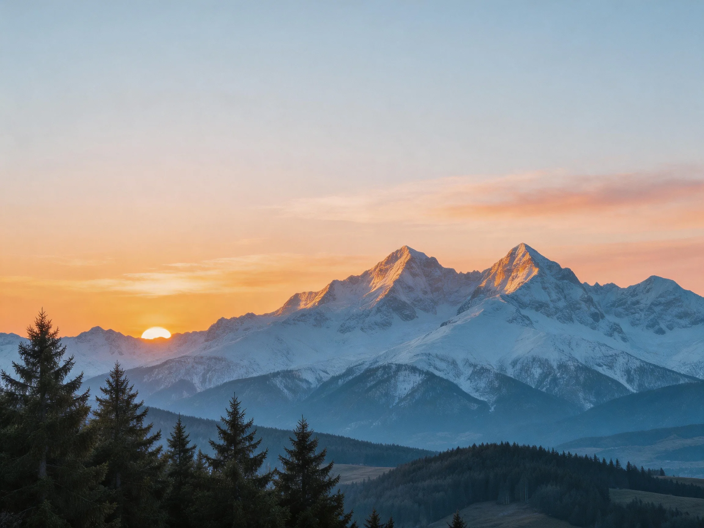 Snow-capped mountains illuminated by a vibrant sunset sky