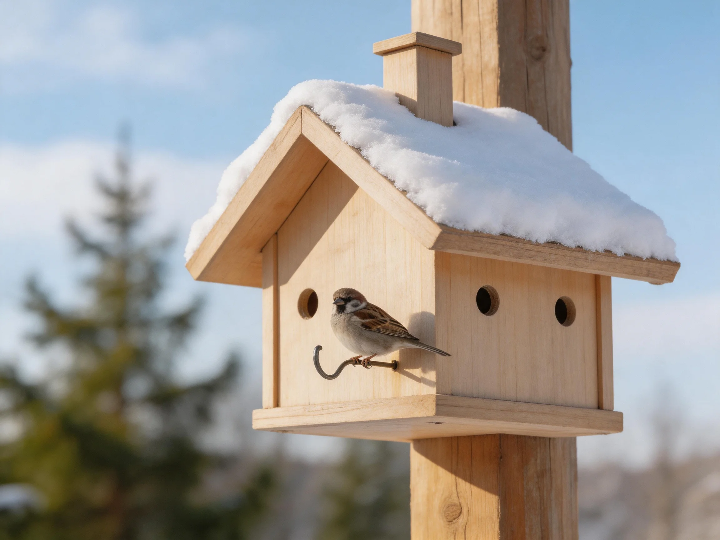 Snow-covered wooden birdhouse with a sparrow, clear blue sky