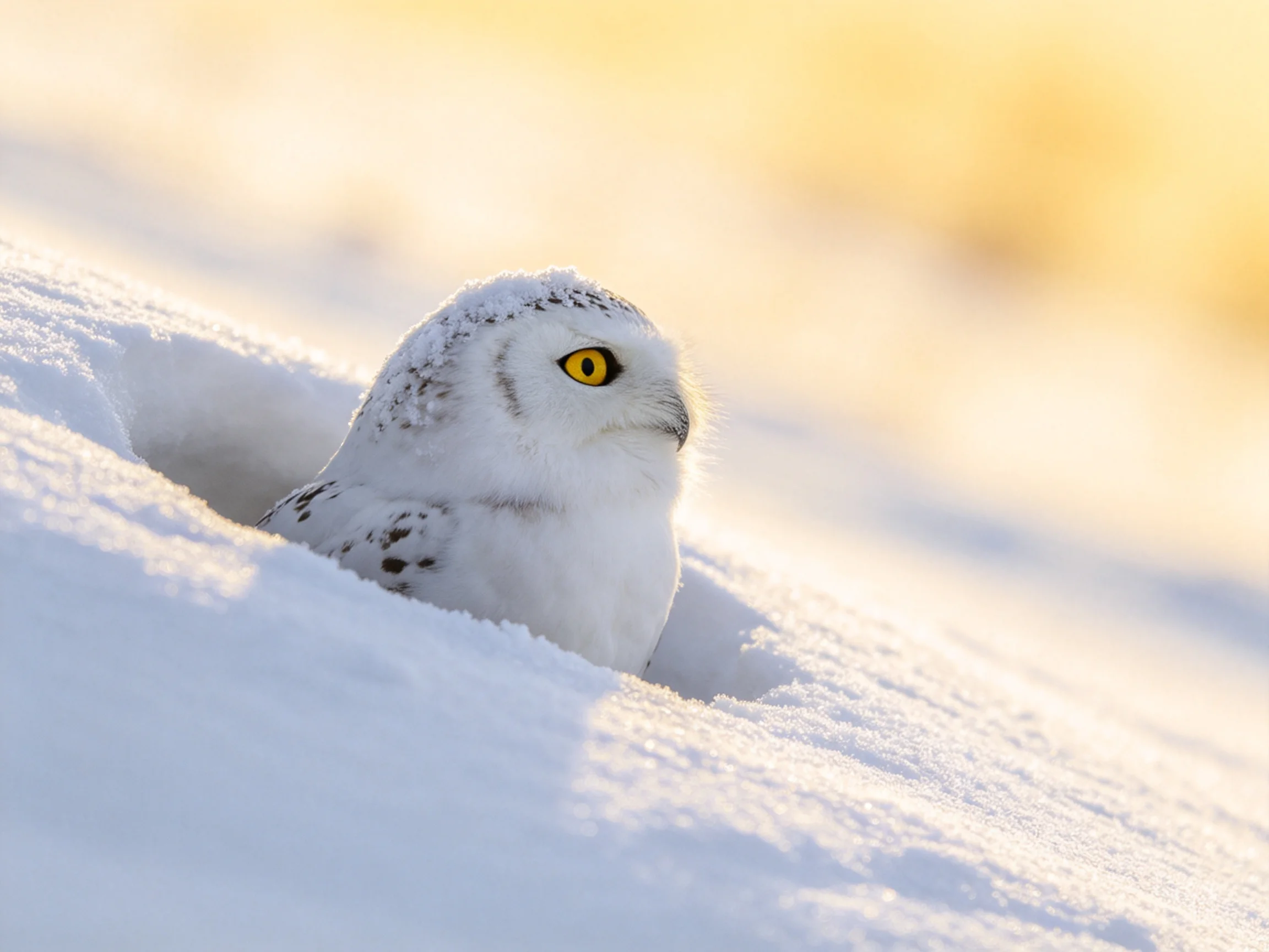 Snowy owl partially buried in deep snow under golden light