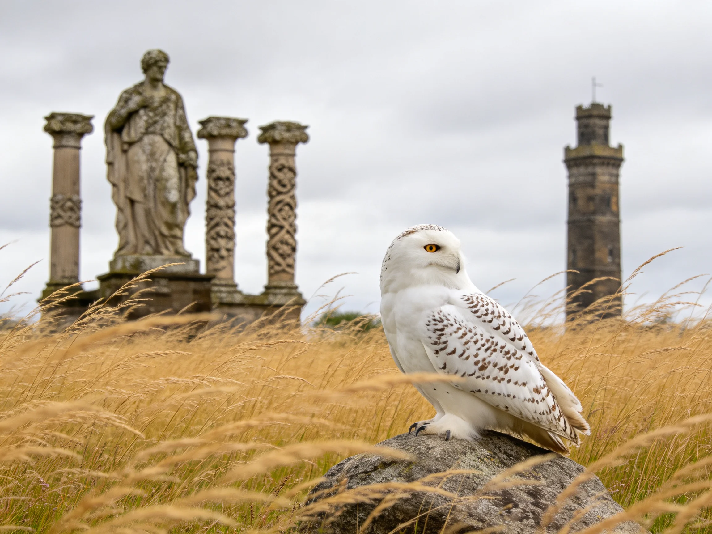Snowy owl perched near ancient ruins with golden grass