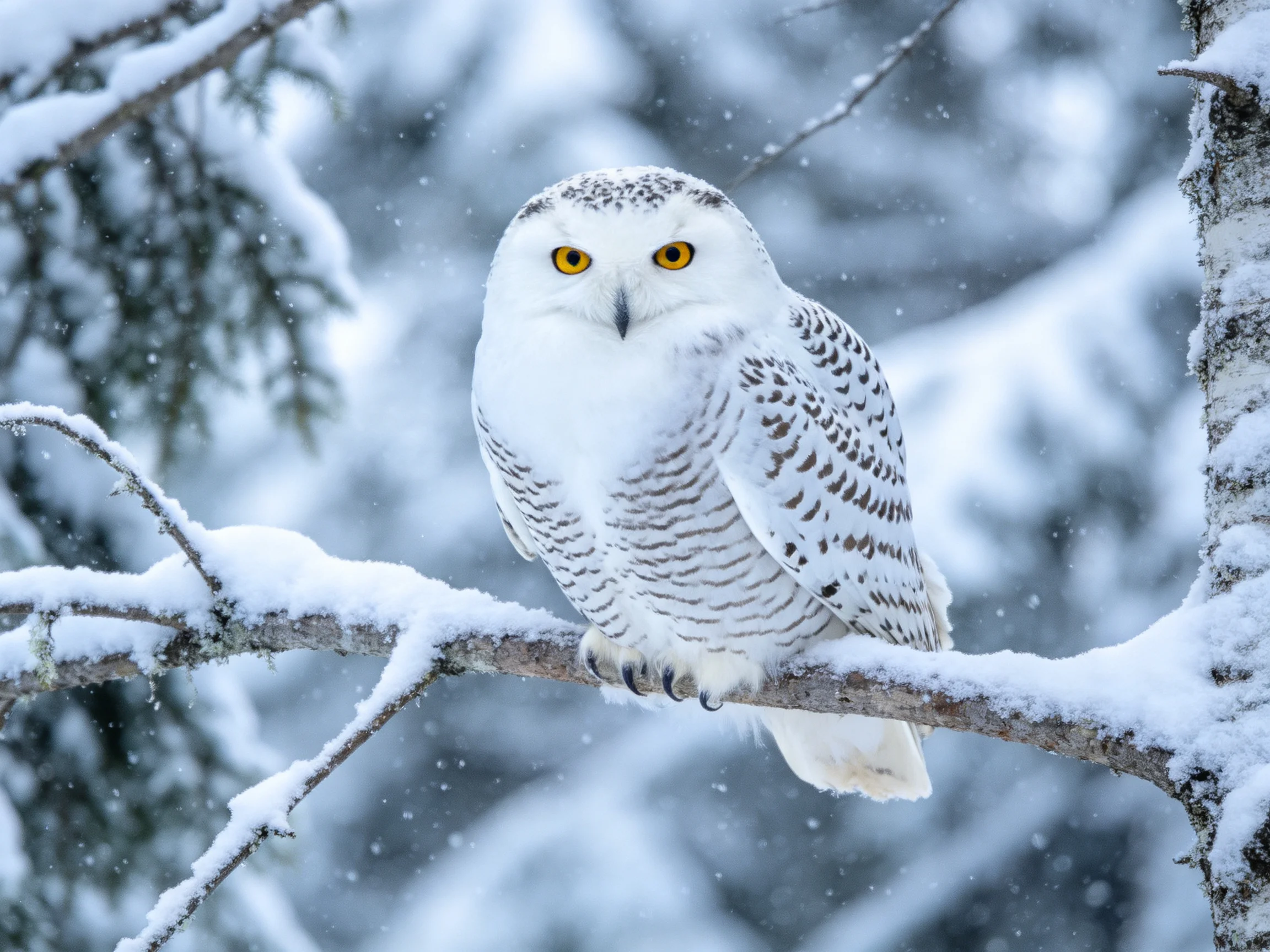 Snowy owl perched on a snow-coated branch in a wintry forest