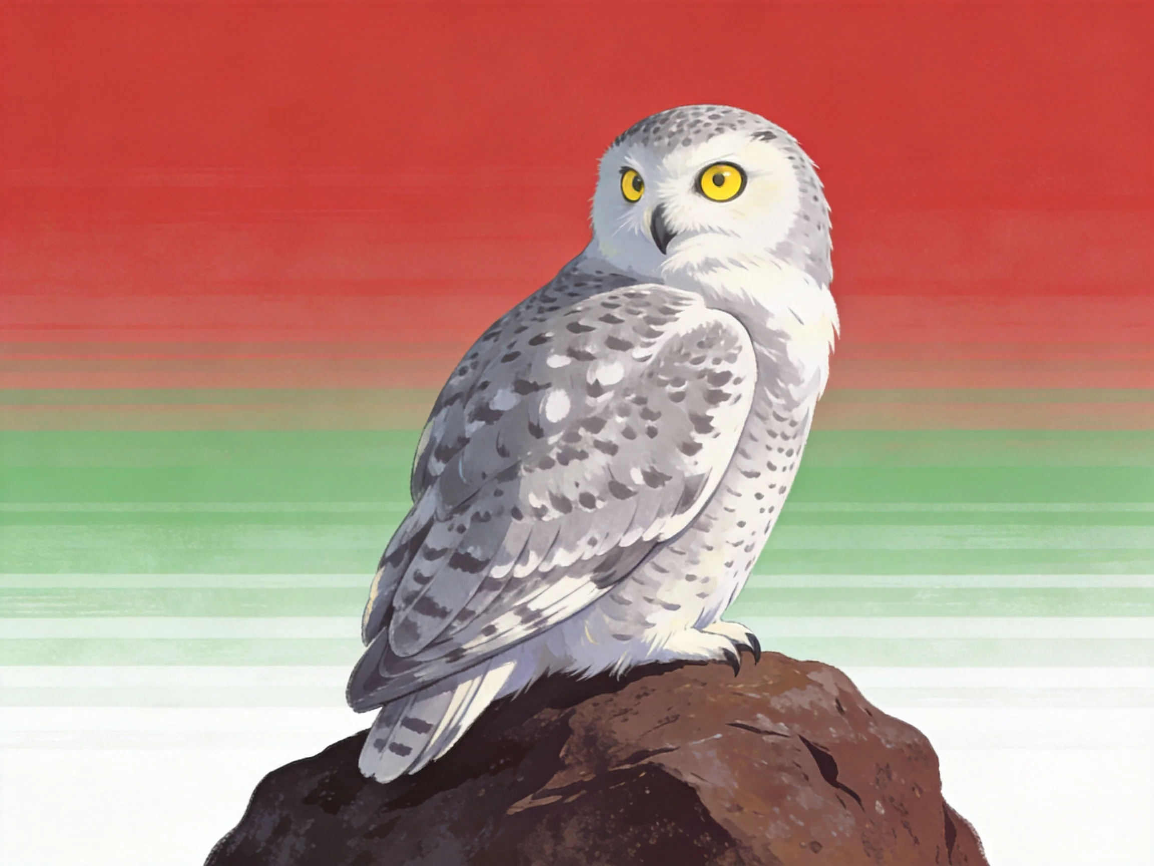 Snowy owl perched on brown rock with red-green backdrop