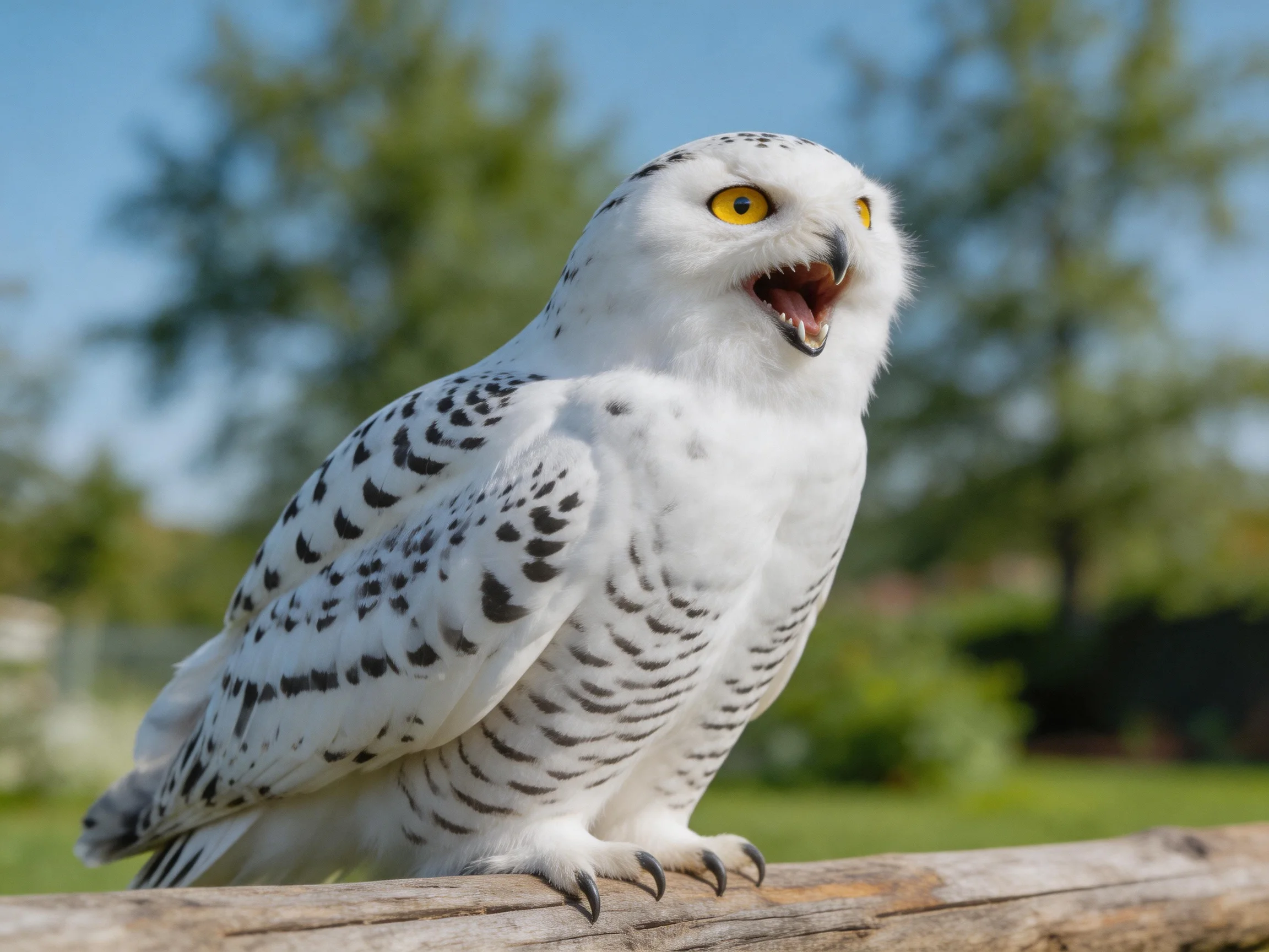 Snowy owl with black markings perched on a wooden log outdoors