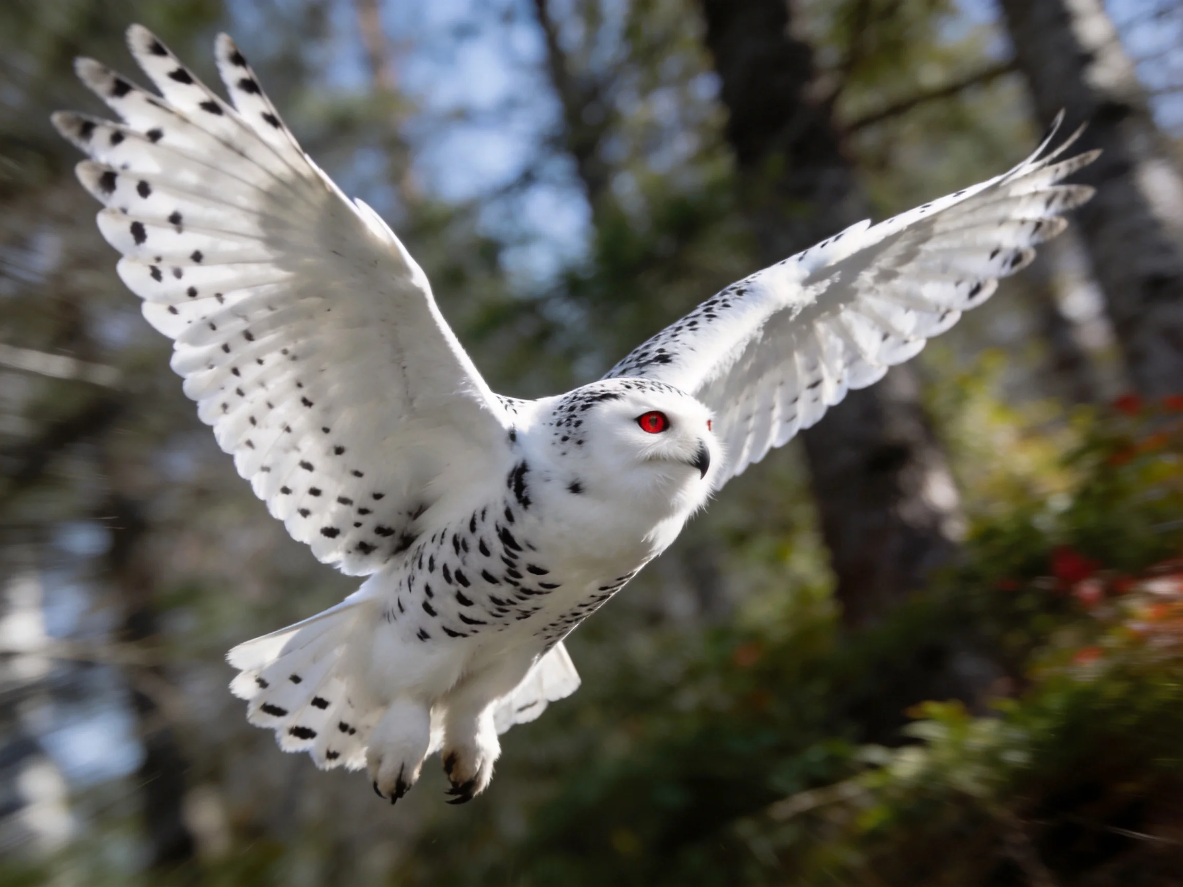Snowy owl with black-spotted wings flies through forest