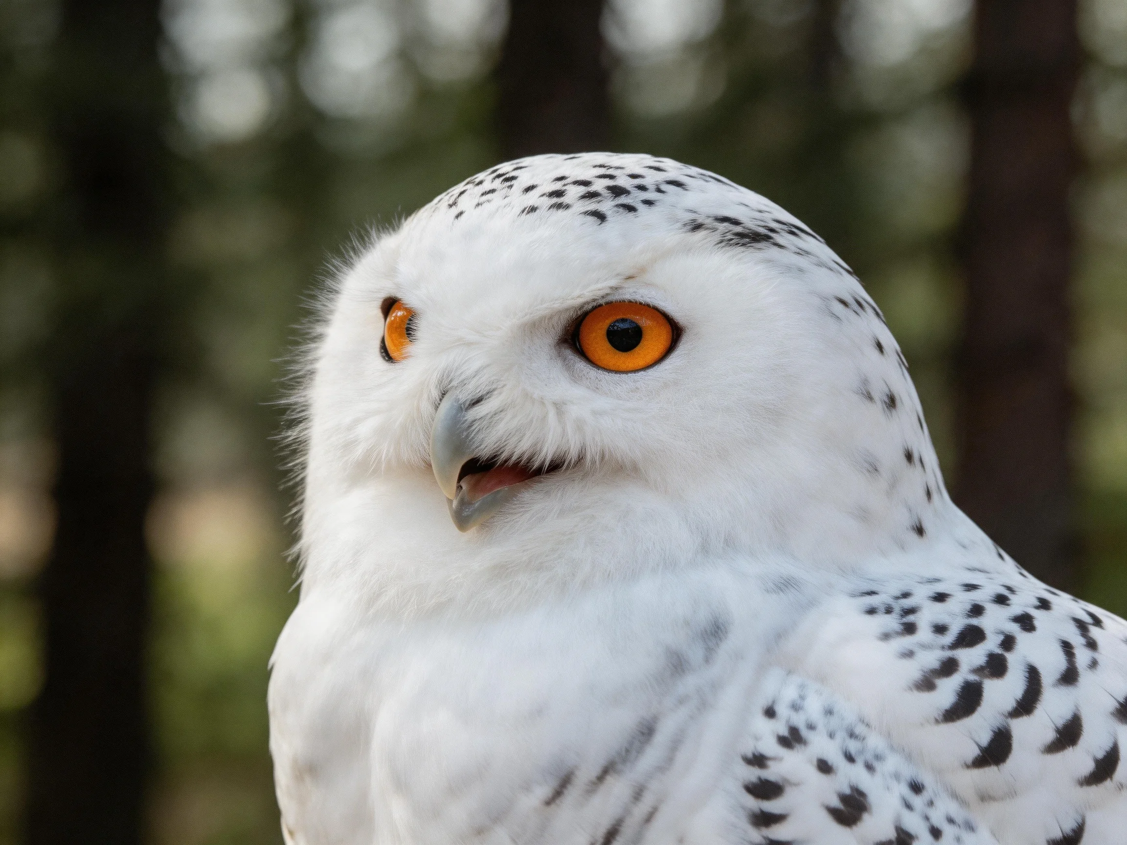 Snowy owl with bright orange eyes and black-spotted plumage