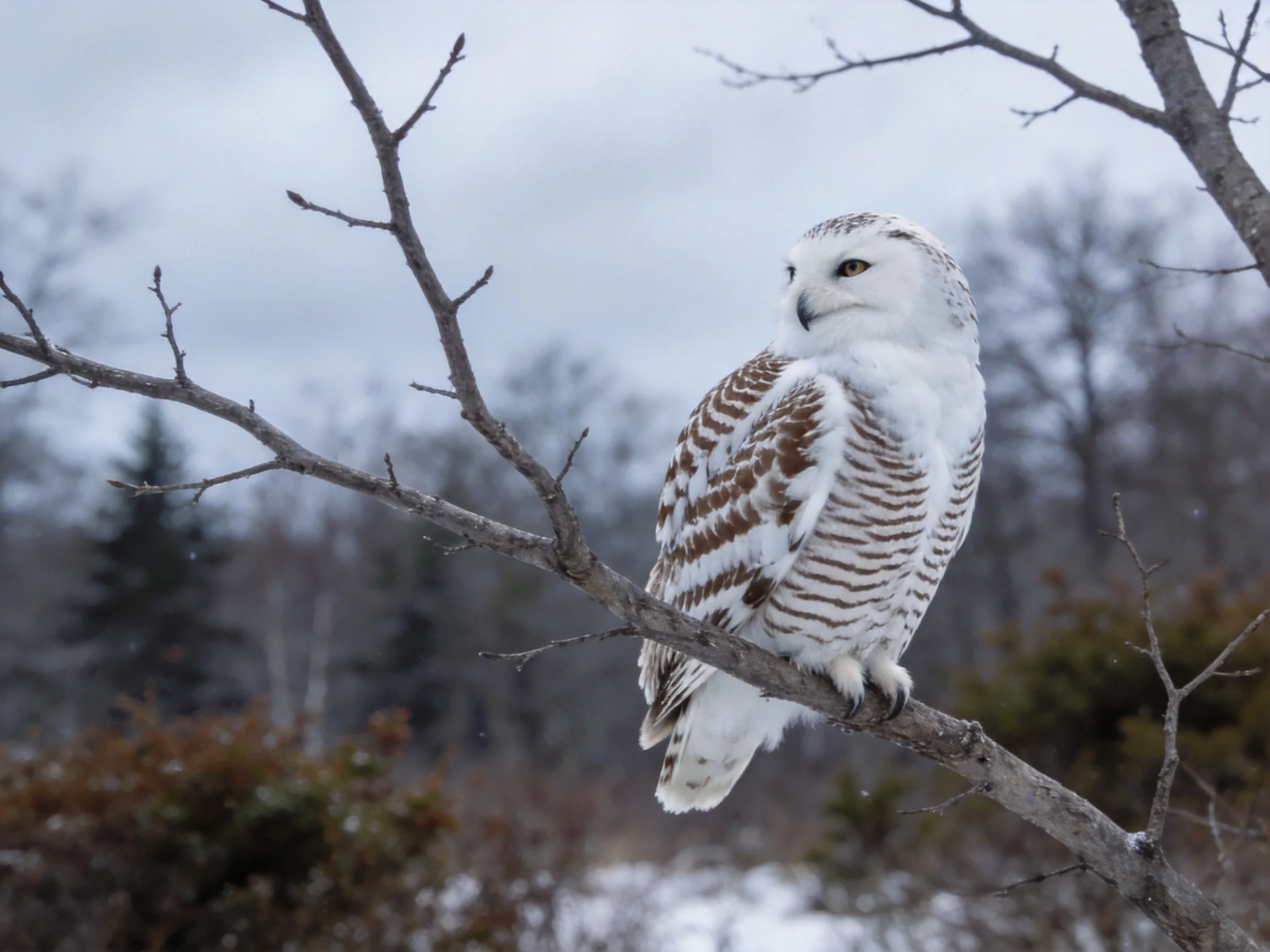 Snowy owl with brown-striped wings perched on bare tree branch