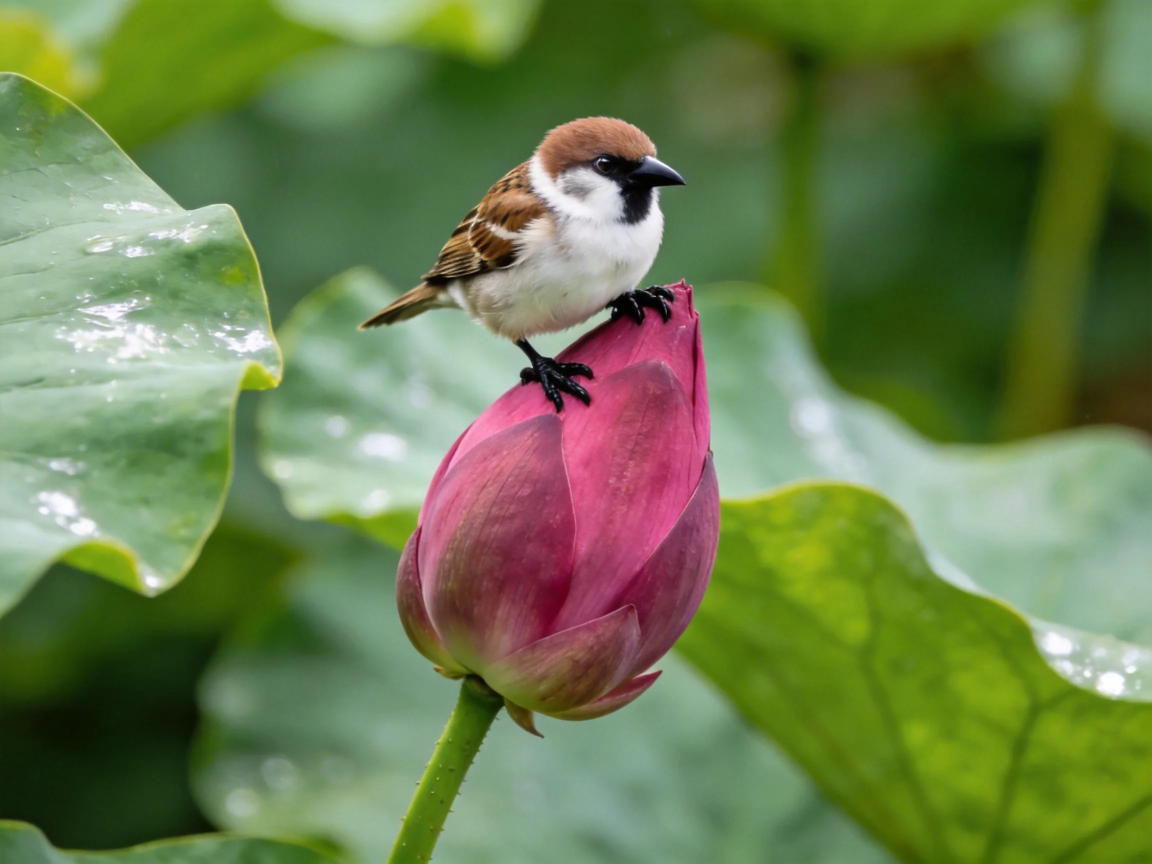 Sparrow perched on a pink lotus bud among large green leaves