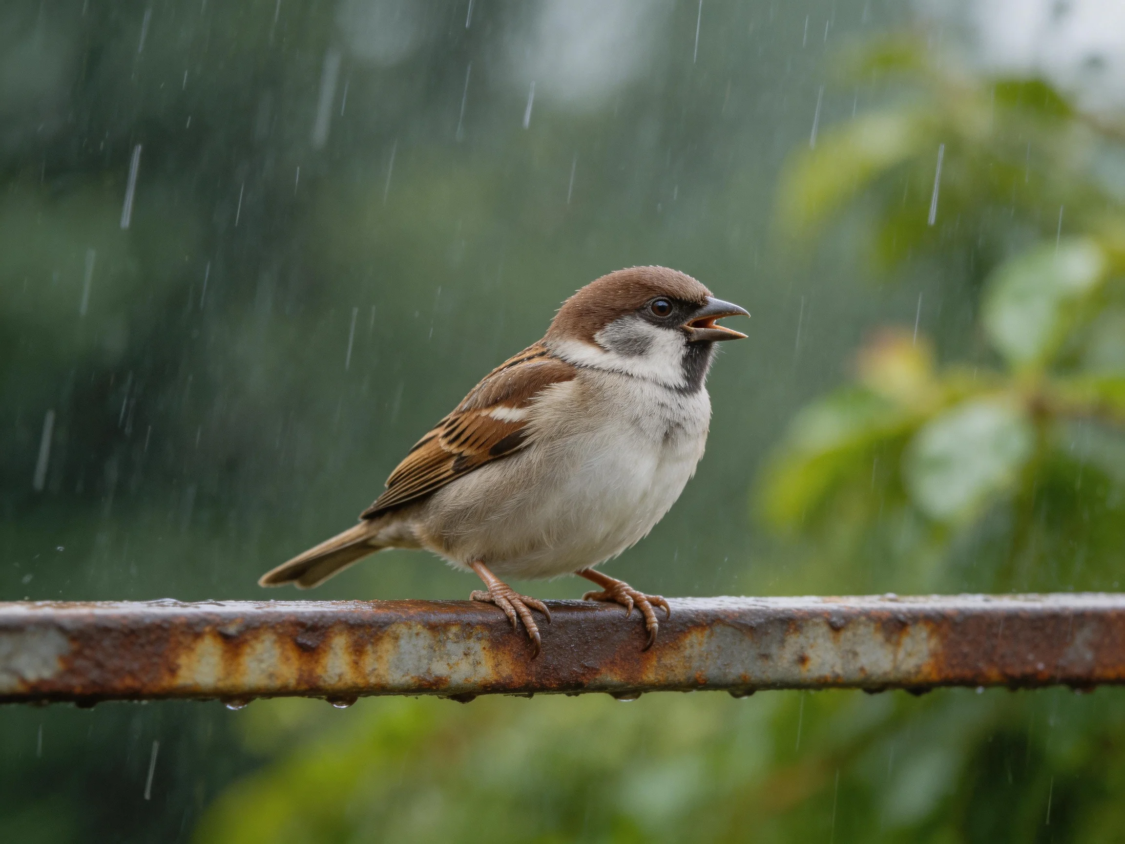 Sparrow perched on rusted bar in rainy environment