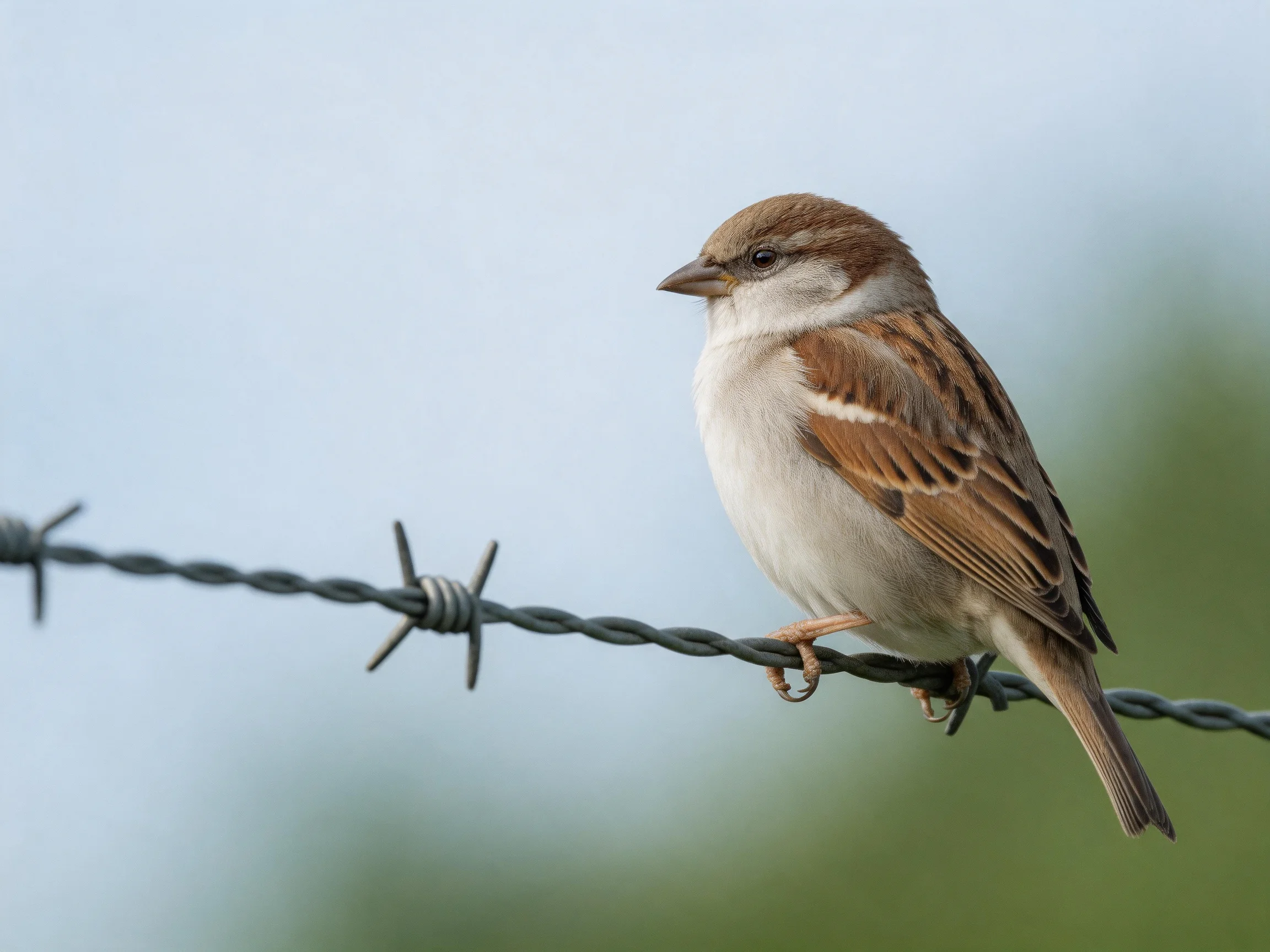 Sparrow perched on twisted barbed wire with brown and white plumage