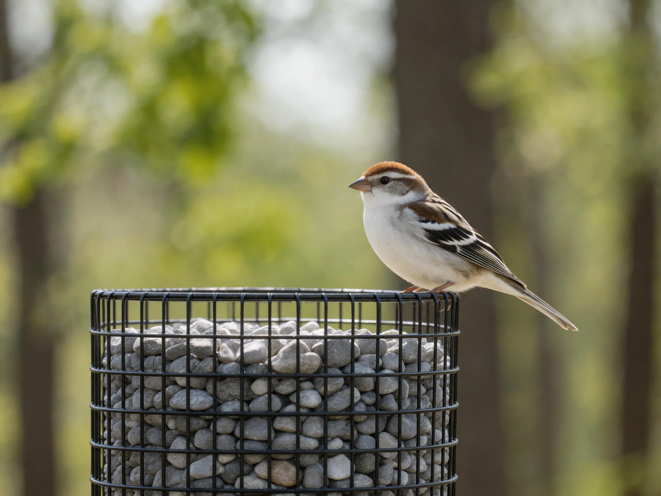 Sparrow perched on wire cage with pebbles in wooded environment