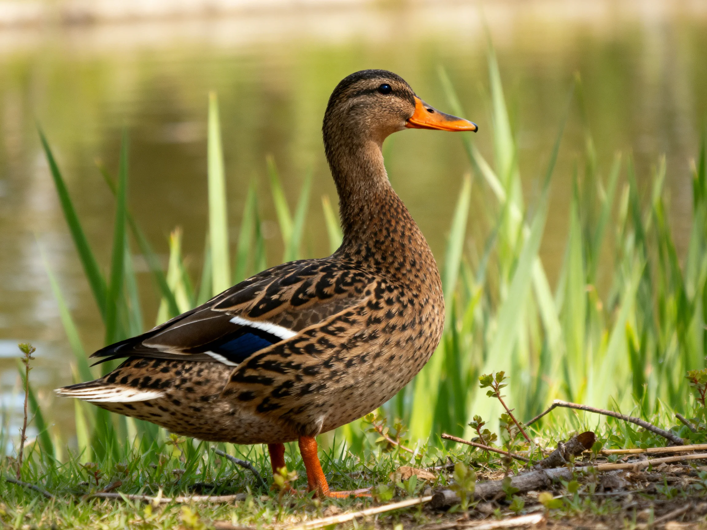 Speckled brown duck near tall green reeds by calm water