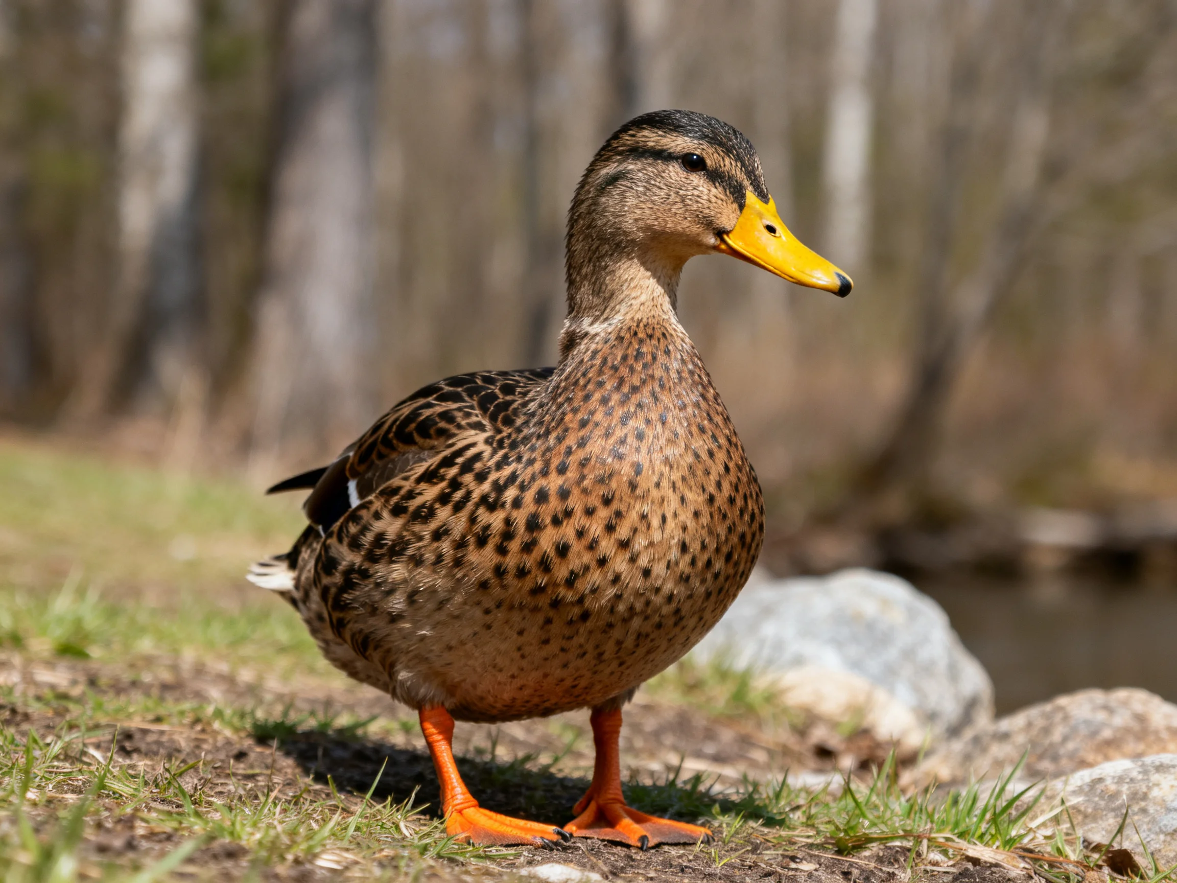 Speckled brown duck with orange feet near rocks