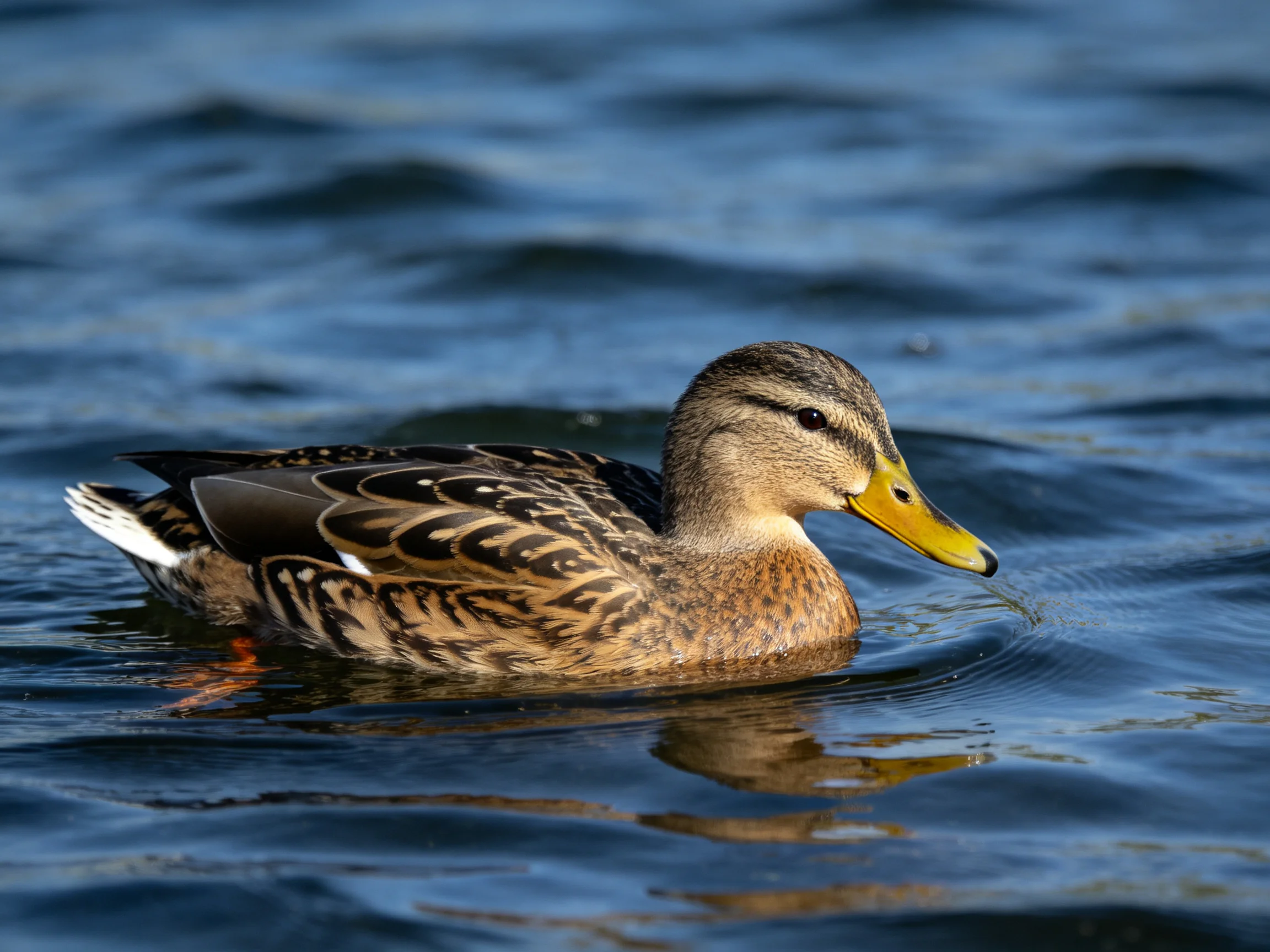 Speckled brown duck with yellow beak swimming in blue water